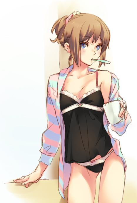 miyata souji, original, 1girl, blue eyes, bow, bow panties, brown hair, camisole, contrapposto, cup, female focus, mouth hold, panties, robe, short hair, solo, standing, toothbrush, underwear