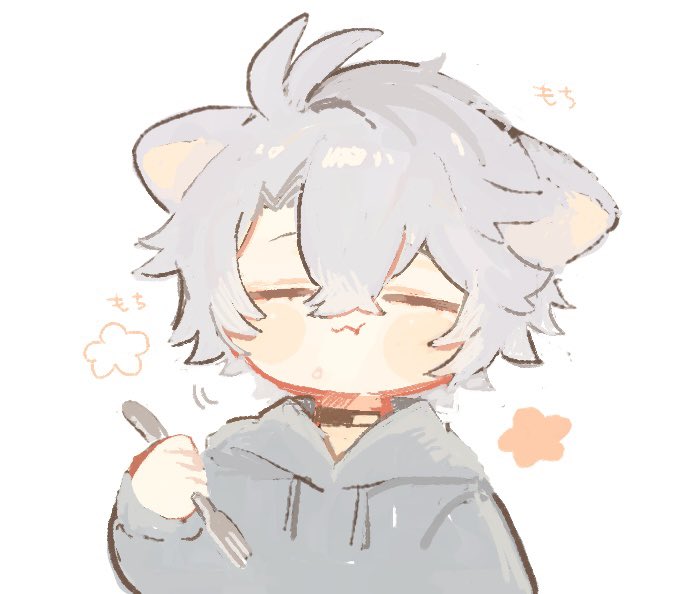 phainon (honkai: star rail), honkai: star rail, honkai (series), 1boy, animal ears, antenna hair, blush stickers, cat boy, cat ears, chewing, closed eyes, closed mouth, double-parted bangs, drawstring, fork, grey hoodie, hair between eyes, holding, holding fork, hood, hood down, hoodie, kemonomimi mode, male focus, rh1 bdt, short hair, solo, white background