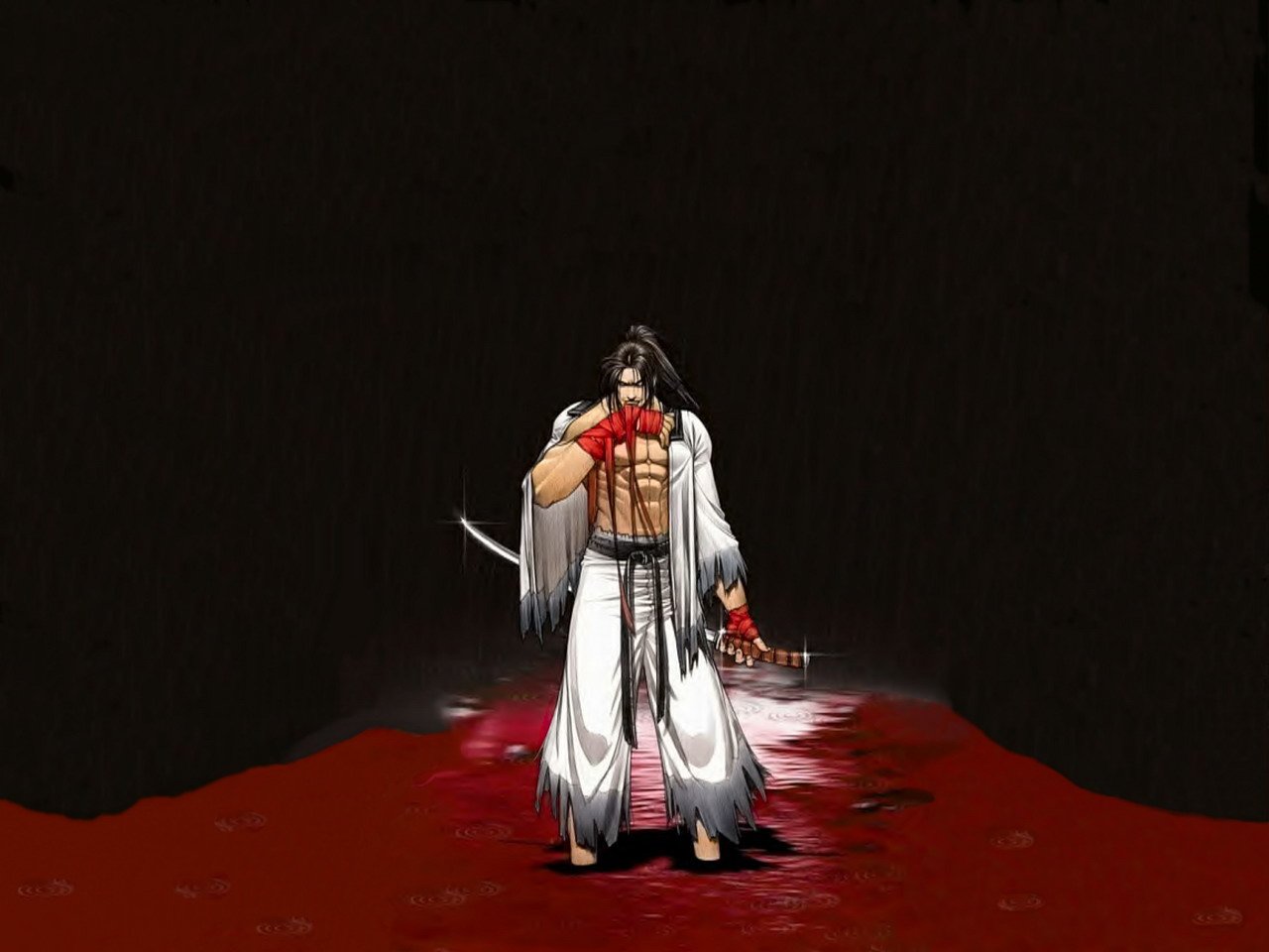 haoumaru, samurai spirits, 1boy, black hair, black theme, blood, long hair, male focus, samurai, solo, spirits, sword, weapon