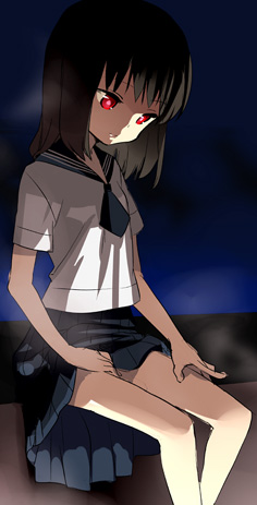 kuroda bb, original, lowres, 1girl, black hair, clothes lift, female focus, red eyes, school uniform, serafuku, sitting, skirt, skirt lift, solo