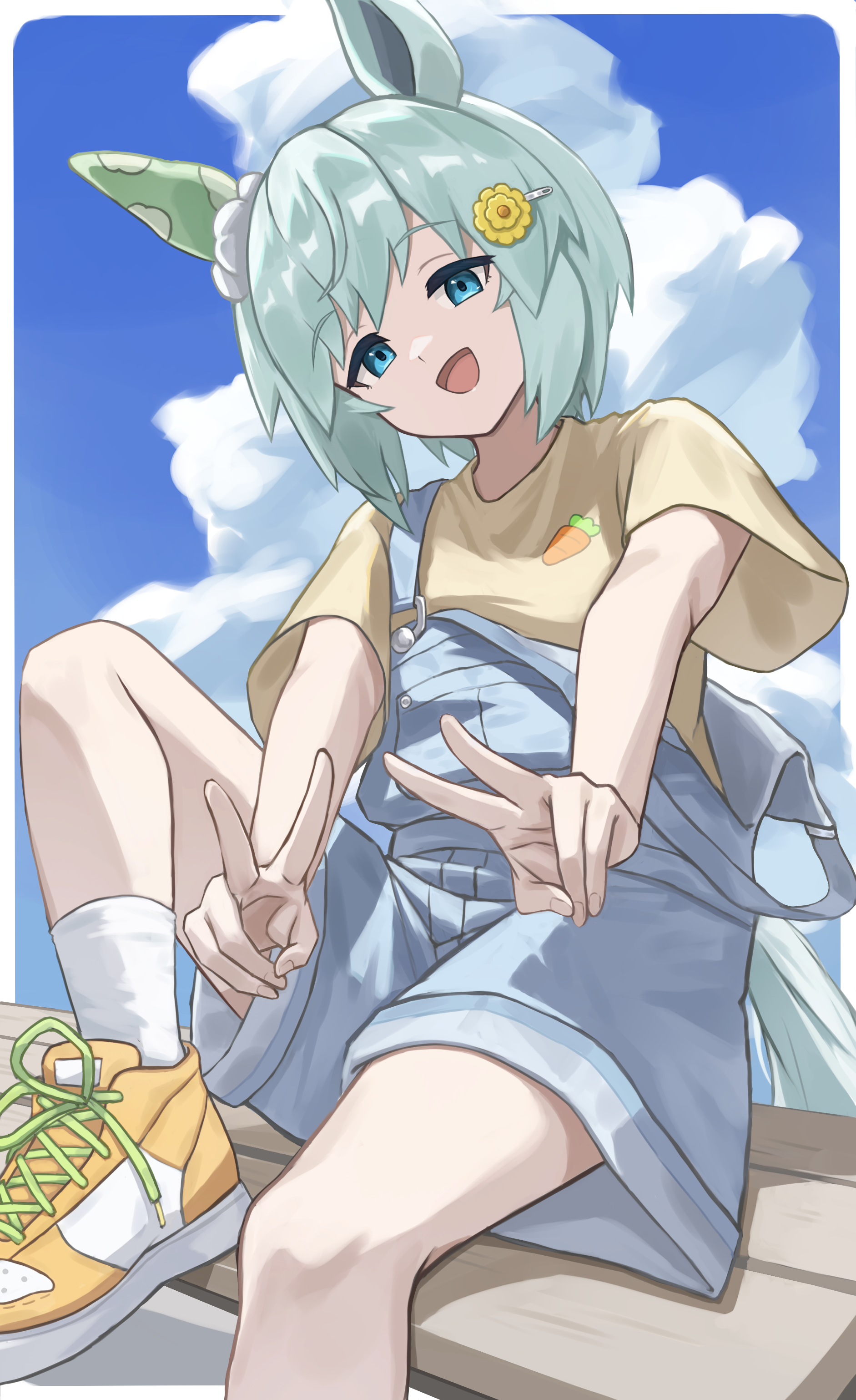 utd (ponzu supai), seiun sky (umamusume), umamusume, absurdres, commentary request, highres, 1girl, animal ears, blue eyes, blue overalls, blue shorts, blue sky, carrot print, casual, cloud, denim overalls, double v, ear covers, flower, food print, grey hair, hair between eyes, hair flower, hair ornament, hairclip, horse ears, horse girl, horse tail, looking at viewer, open mouth, outdoors, overall shorts, overalls, shirt, shoes, short hair, short sleeves, shorts, single ear cover, sitting, sky, smile, socks, solo, sunflower, sunflower hair ornament, suspenders, suspenders slip, tail, v, white socks, yellow shirt