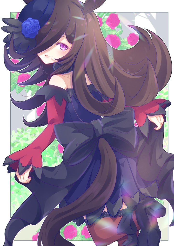 namatyoco, rice shower (rosy dreams) (umamusume), rice shower (umamusume), umamusume, commentary request, 1girl, animal ears, bare shoulders, black bow, black thighhighs, blue flower, blue hat, blue rose, blush, bow, brown hair, dress, fascinator, flipped hair, flower, fur choker, hair over one eye, hat, hat flower, horse ears, horse girl, horse tail, long hair, long sleeves, looking at viewer, looking back, off-shoulder dress, off shoulder, open mouth, purple eyes, rose, shoes, smile, solo, tail, thighhighs, tilted headwear