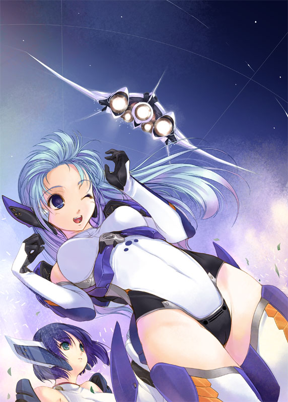 kirishima satoshi, original, 2girls, blue hair, bodysuit, elbow gloves, gloves, leotard, long hair, multiple girls, one eye closed, spacecraft, starfighter, thighhighs, wink