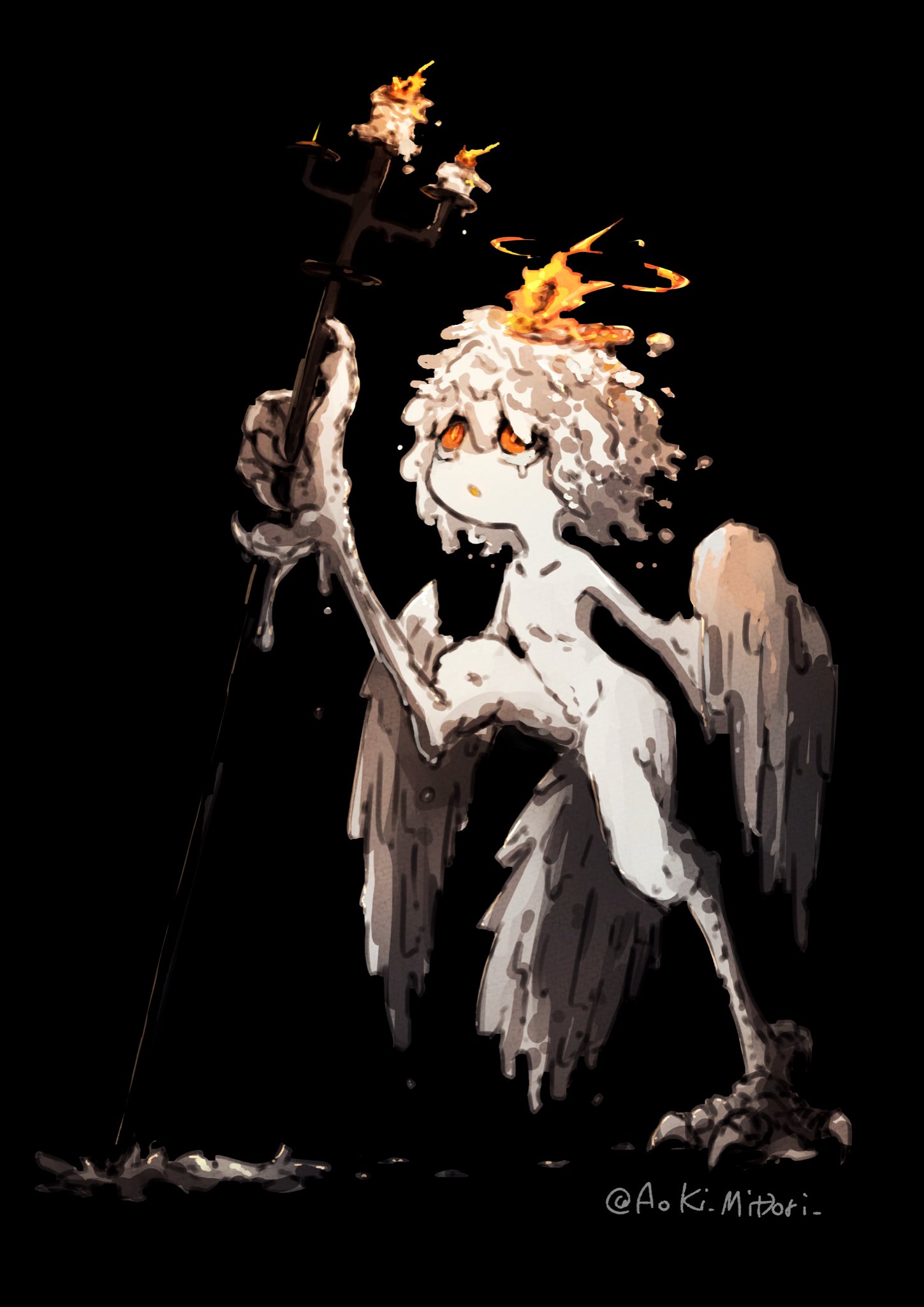 aoki midori (artist), original, highres, 1girl, bird tail, black background, candle wax, candlestand, colored skin, fire, harpy, monster girl, open mouth, orange eyes, short hair, solo, tail, talons, twitter username, white skin, winged arms, wings