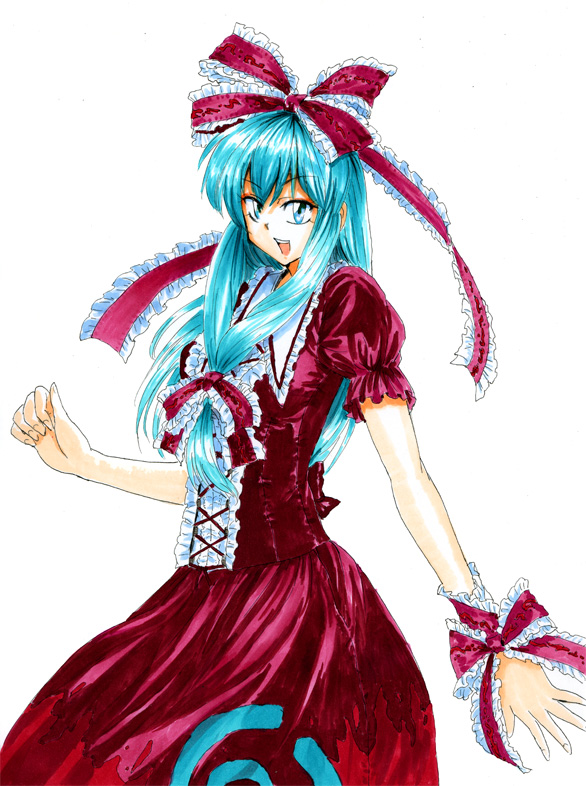 tsurui, kagiyama hina, touhou, traditional media, 1girl, female focus, front ponytail, green eyes, green hair, hair ribbon, matching hair/eyes, ribbon, solo