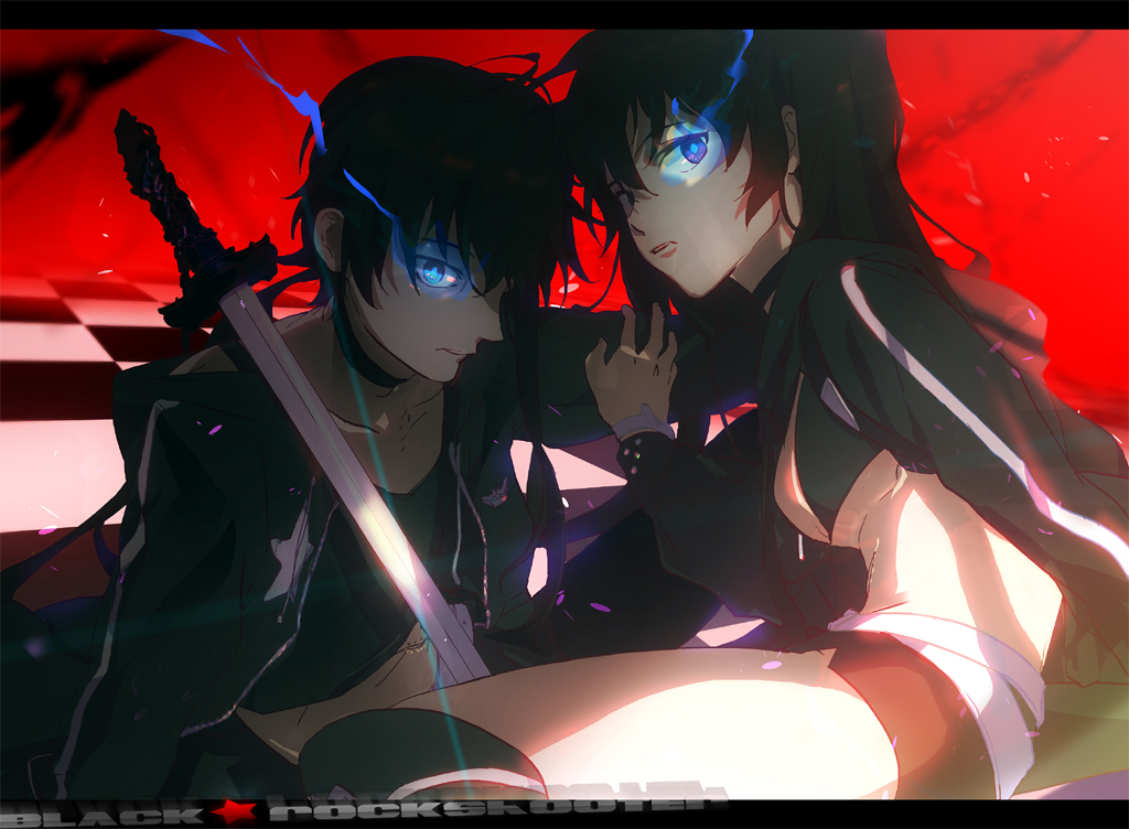 zis, black rock shooter (character), hatsune mikuo, black rock shooter, vocaloid, bad id, bad pixiv id, 10s, 1boy, 1girl, belt, bikini, bikini top only, black hair, blue eyes, boots, coat, dual persona, flat chest, genderswap, genderswap (ftm), glowing, glowing eyes, long hair, midriff, scar, short hair, shorts, swimsuit, sword, twintails, weapon