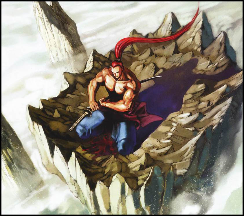 kibagami genjuro, samurai spirits, snk, 1boy, blood, desert, katana, kneeling, long hair, male focus, muscular, outdoors, ponytail, red hair, rock, samurai, seppuku, solo, spirits, sword, weapon