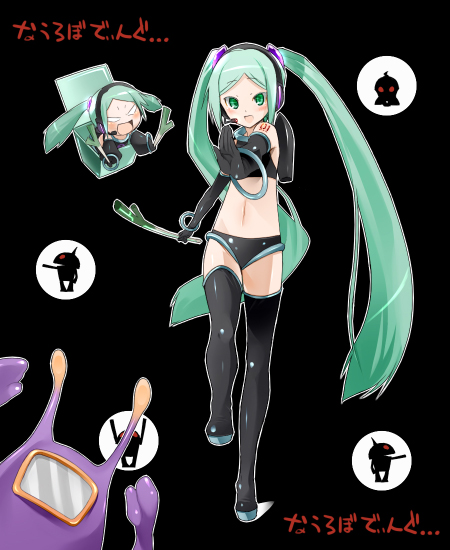 aka ume, hatsune miku, hatsune miku (space channel 39), morolian, project diva, project diva (series), vocaloid, 1girl, aqua hair, elbow gloves, gloves, long hair, spring onion, thighhighs, twintails, very long hair