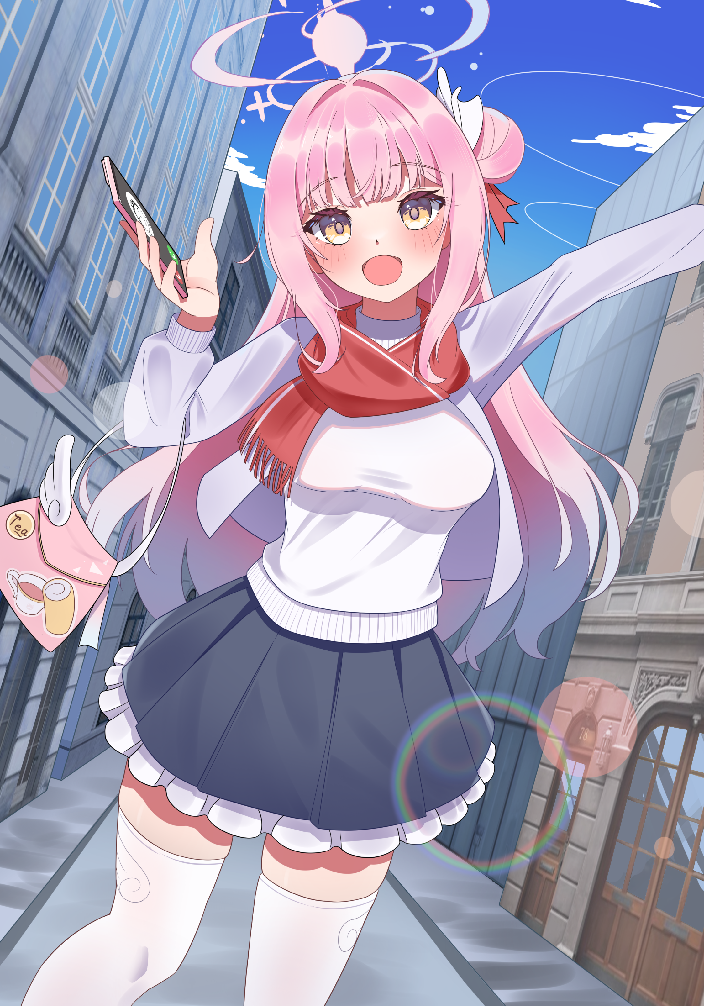 misono (misonokei), doodle sensei (blue archive), mika (blue archive), sensei (blue archive), blue archive, absurdres, commentary request, highres, 1girl, alternate costume, arm up, bag, black skirt, blush, breasts, cellphone, gradient hair, hair bun, halo, holding, holding phone, large breasts, long hair, looking at viewer, multicolored hair, open mouth, outdoors, phone, pink hair, pink halo, red scarf, scarf, single hair bun, single side bun, skirt, smartphone, smile, solo, sweater, thick thighs, thighhighs, thighs, very long hair, white sweater, white thighhighs, yellow eyes, zettai ryouiki