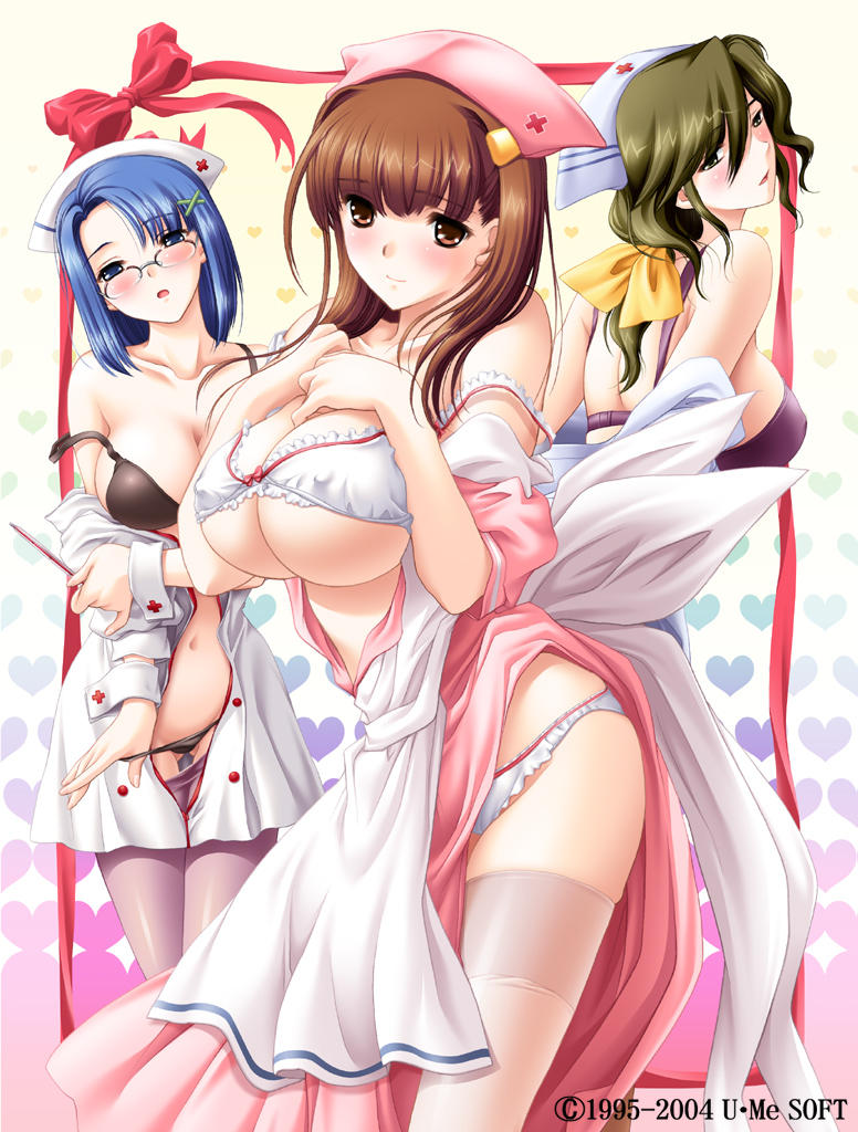 hakui no gohoushi, 3girls, blue eyes, blue hair, blush, bra, breasts, brown eyes, brown hair, glasses, green eyes, green hair, lingerie, long hair, multiple girls, nurse, open mouth, panties, pantyhose, short hair, thighhighs, underwear