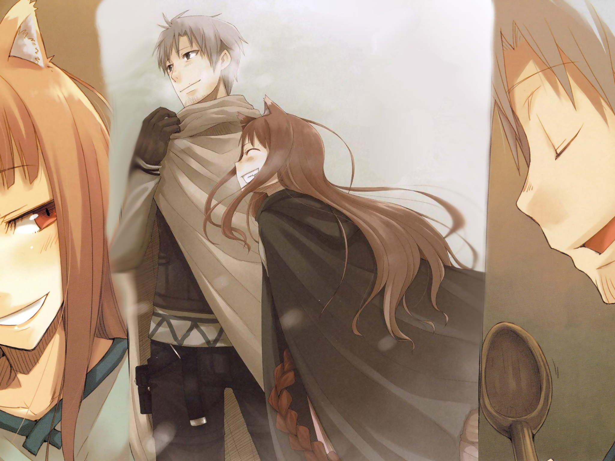 ayakura juu, craft lawrence, holo, spice and wolf, silver hair, highres, 00s, 1boy, 1girl, animal ears, black eyes, blush, brown hair, cloak, closed eyes, couple, height difference, hetero, long hair, poncho, red eyes, short hair, smile, wolf ears
