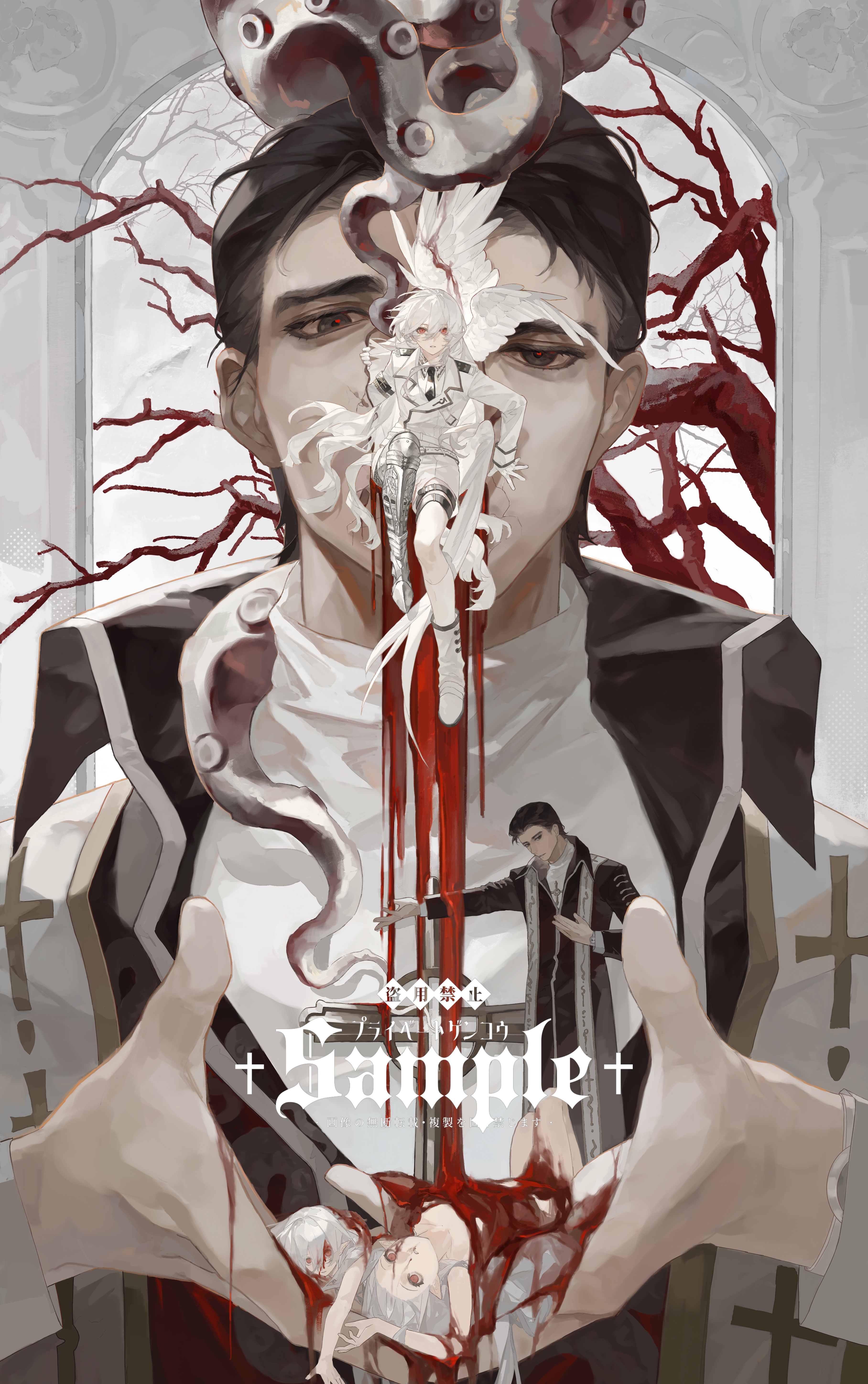 original, absurdres, commission, highres, 1boy, 1girl, arm strap, bare tree, belt, black coat, black necktie, blank eyes, blood, blood on face, boots, branch, brown eyes, brown hair, closed mouth, coat, collared shirt, cross, death, epaulettes, eyelashes, feathered wings, full body, gloves, hair between eyes, jacket, kneehighs, lapels, leg belt, long hair, long sleeves, looking at another, looking at viewer, looking to the side, lying, mechanical legs, multiple views, necktie, nosebleed, notched lapels, parted lips, priest, red eyes, red pupils, sample watermark, screentones, shirt, shoes, short hair, shorts, sidelocks, single mechanical leg, socks, standing, stole, tentacles, tree, very long hair, watermark, white belt, white boots, white gloves, white hair, white jacket, white shirt, white shoes, white shorts, white socks, white wings, wings, z12 ze yao er