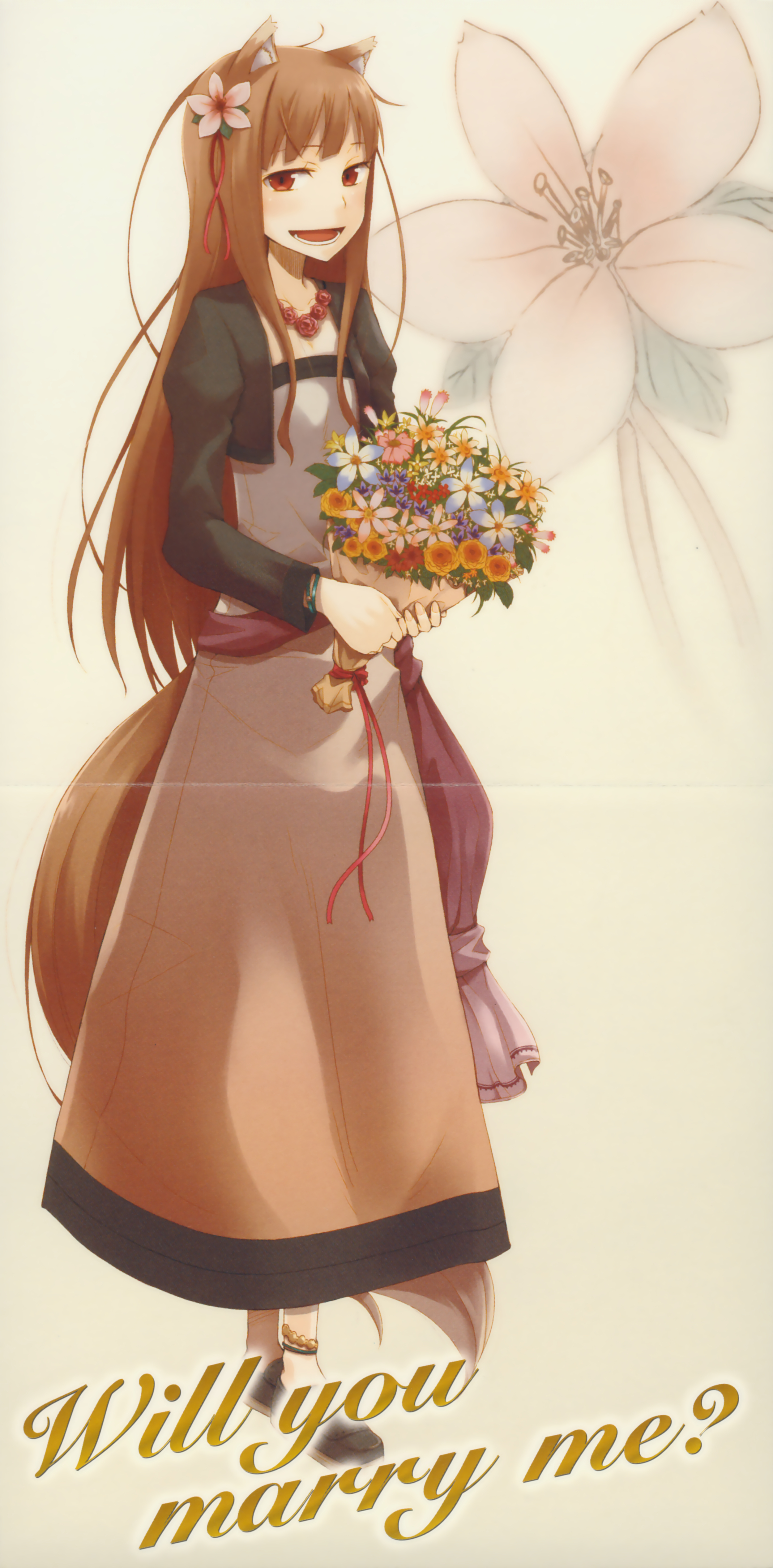 ayakura juu, holo, spice and wolf, absurdres, highres, scan, 00s, 1girl, animal ears, anklet, bangle, bouquet, bracelet, brown hair, cropped jacket, dress, english text, female focus, flower, full body, hair flower, hair ornament, jewelry, long hair, necklace, red eyes, ribbon, smile, solo, tail, wolf ears, wolf tail