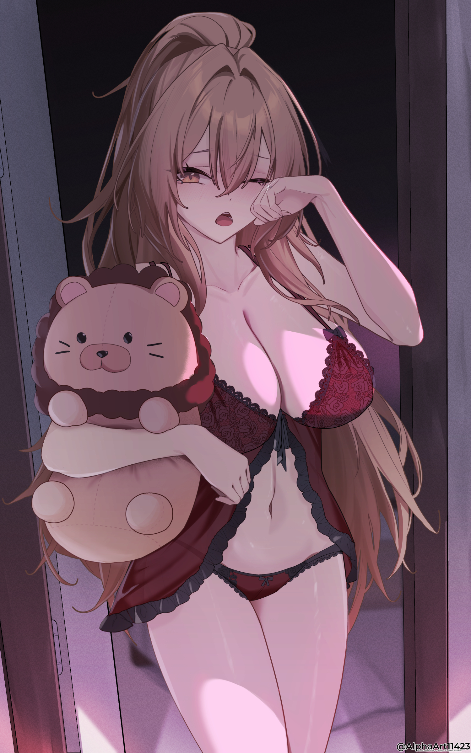 alphaart, lion (azur lane), azur lane, absurdres, commentary, english commentary, highres, 1girl, babydoll, bare shoulders, black background, blush, bra, breasts, brown eyes, brown hair, cleavage, collarbone, crossed bangs, doorway, hair between eyes, hair intakes, hand up, holding, holding stuffed toy, large breasts, lingerie, long hair, looking at viewer, messy hair, navel, one eye closed, open door, open mouth, panties, pov doorway, red babydoll, red bra, red panties, sidelocks, solo, standing, stuffed animal, stuffed toy, tearing up, thighs, underwear, very long hair