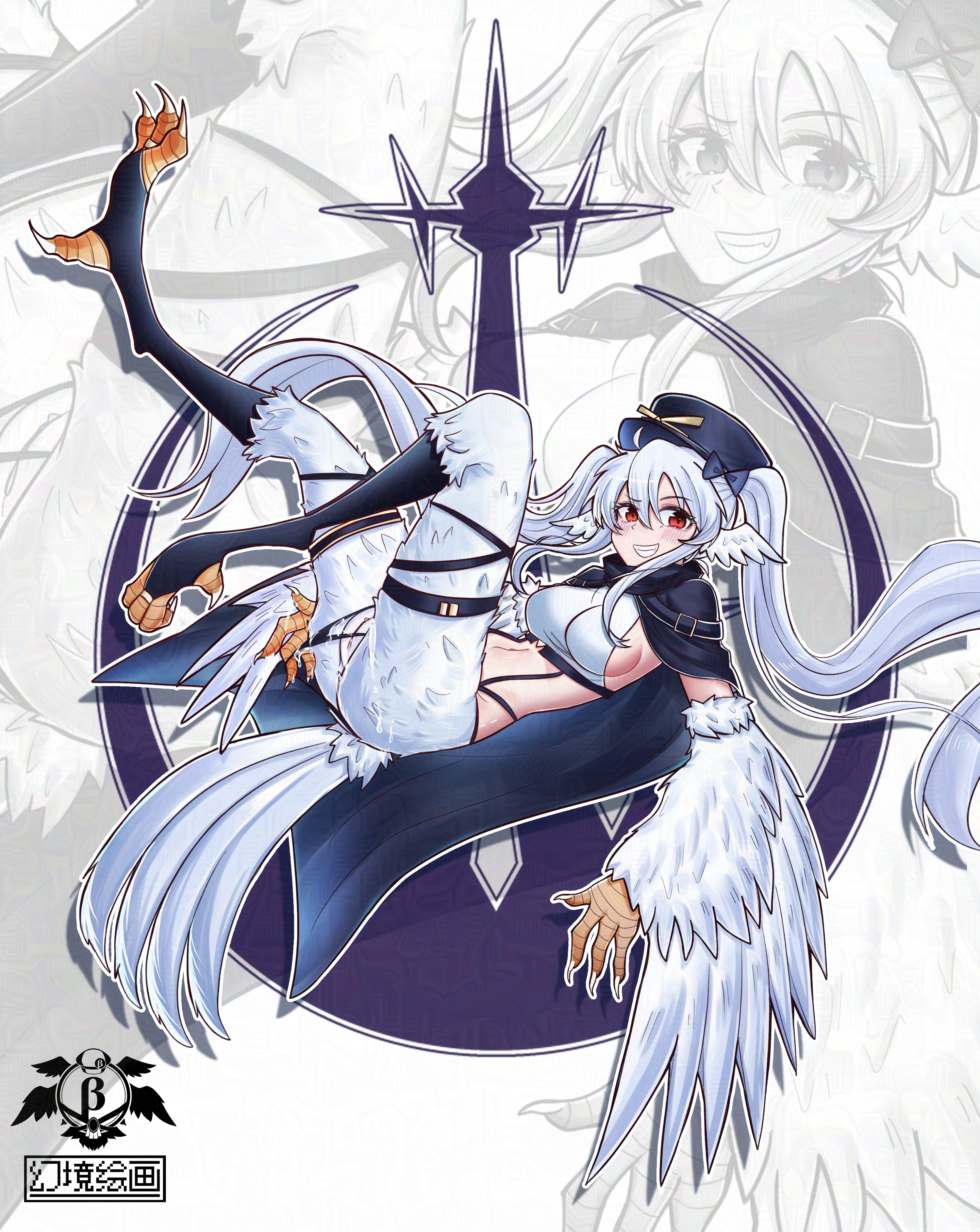 original, absurdres, commentary request, highres, 1girl, bird legs, bird tail, black hair, black socks, blush, breasts, claws, clitoral hood, feathers, genkyopainting, grin, harpy, long hair, looking at viewer, medium breasts, midriff, monster girl, navel, panties, panty pull, pulling own clothes, pussy, pussy juice, red eyes, sideboob, smile, socks, solo, stirrup legwear, tail, talons, thigh strap, toeless legwear, twintails, uncensored, underwear, white feathers, white hair, white wings, wings, zoom layer