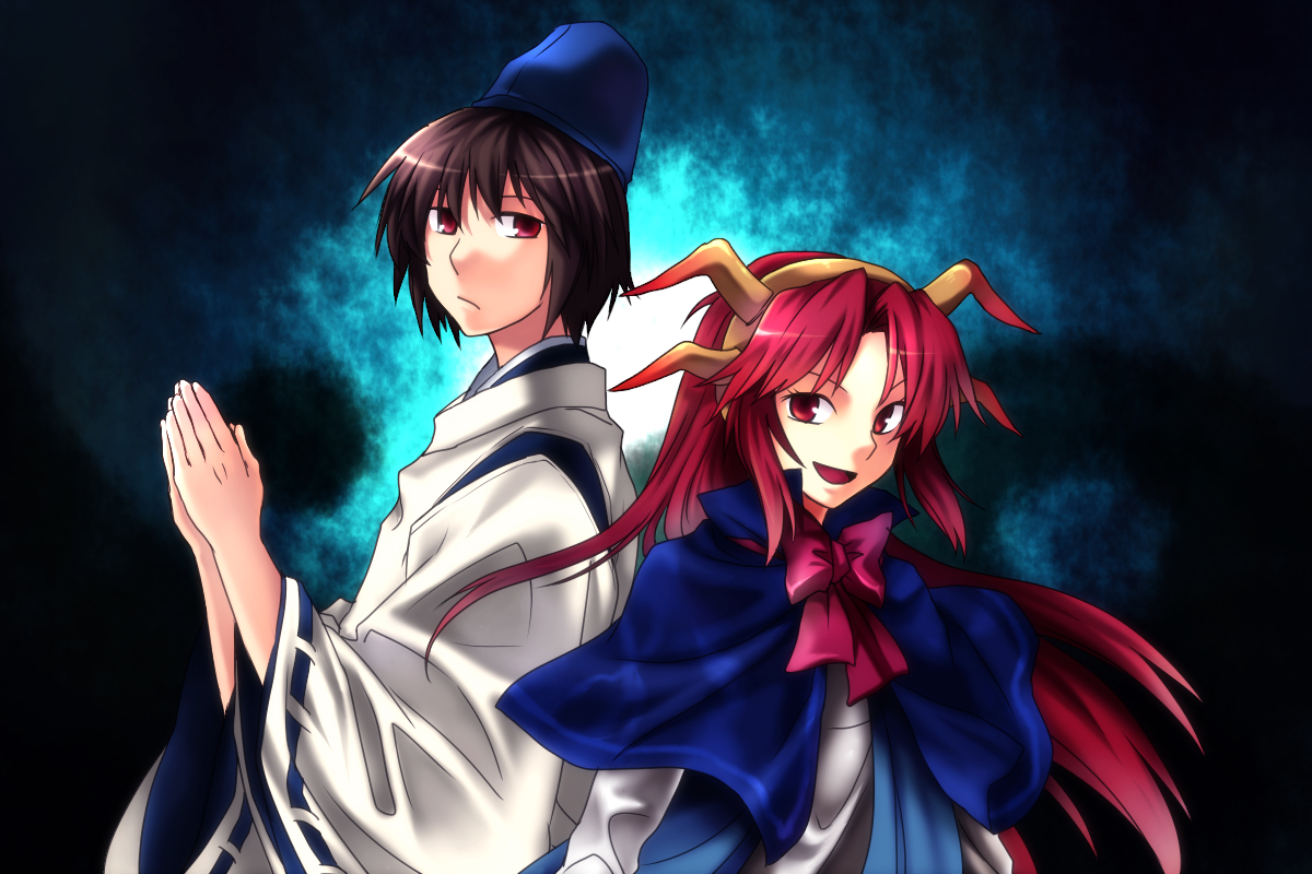 re ghotion, shingyoku (male), shingyoku (touhou), highly responsive to prayers, team shanghai alice, touhou, touhou (pc-98), bad id, bad pixiv id, 1boy, 1girl, blue hat, blue ribbon, bow, bowtie, brown hair, capelet, choker, closed mouth, detached sleeves, dual persona, fake horns, hat, horns, japanese clothes, long hair, long sleeves, open mouth, own hands clasped, own hands together, parted bangs, red bow, red bowtie, red eyes, red hair, ribbon, ribbon choker, shirt, short hair, smile, tate eboshi, white shirt, wide sleeves