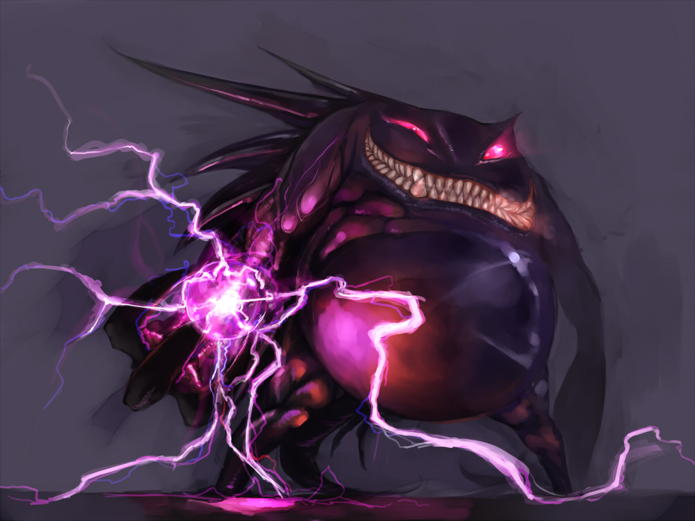 arugeri, gengar, nintendo, pokemon, creepy, dark, energy, energy ball, epic, evil grin, evil smile, fangs, gen 1 pokemon, ghost, glowing, glowing eyes, grin, horror (theme), muscular, no humans, pink eyes, pokemon (creature), realistic, smile, solo, teeth