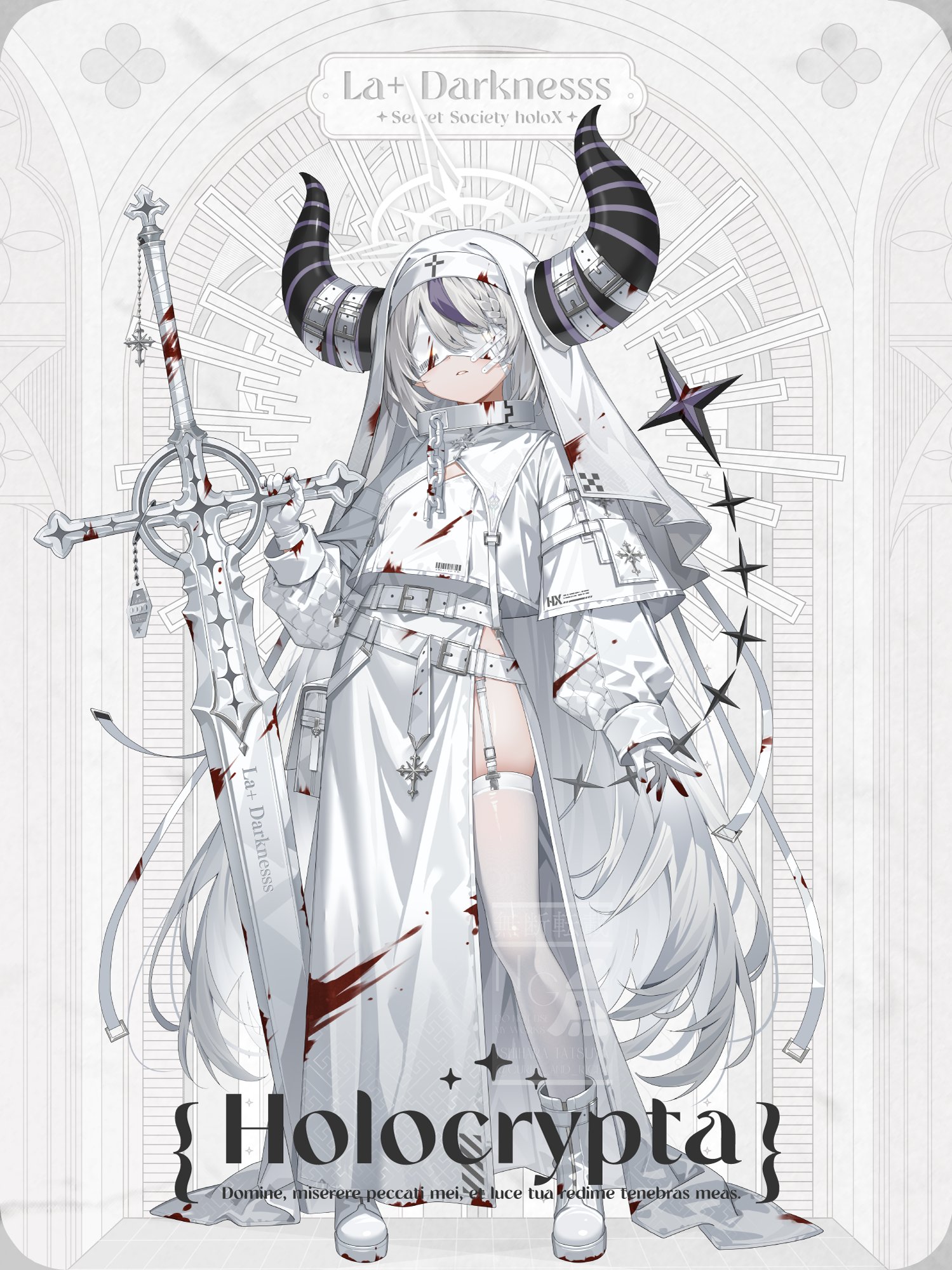 ishihara (kuniyoshi), la+ darknesss, hololive, commentary request, highres, 1girl, alternate costume, alternate hair color, belt, blindfold, blood, blood on clothes, bloody weapon, boots, braid, braided bangs, broken, broken chain, capelet, chain, chain leash, character name, charm (object), collar, cross, dress, flat chest, garter straps, gloves, greatsword, guimpe, hand on hilt, horn belt, horns, huge horns, leash, long dress, long hair, long sleeves, metal collar, nun, parted lips, planted, planted sword, planted weapon, pouch, purple streaks, quilted clothes, shoes, side slit, solo, standing, striped horns, sword, tail, thigh pouch, thighhighs, very long hair, virtual youtuber, weapon, white belt, white boots, white capelet, white coif, white gloves, white hair, white shoes, white thighhighs
