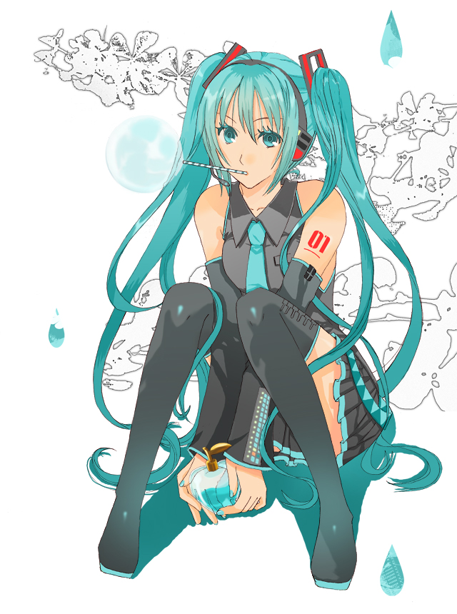 toi (en), toi (number8), hatsune miku, vocaloid, bad id, bad pixiv id, 1girl, aqua eyes, aqua hair, bottle, detached sleeves, female focus, headphones, headset, long hair, necktie, skirt, solo, thighhighs, twintails, very long hair, zettai ryouiki