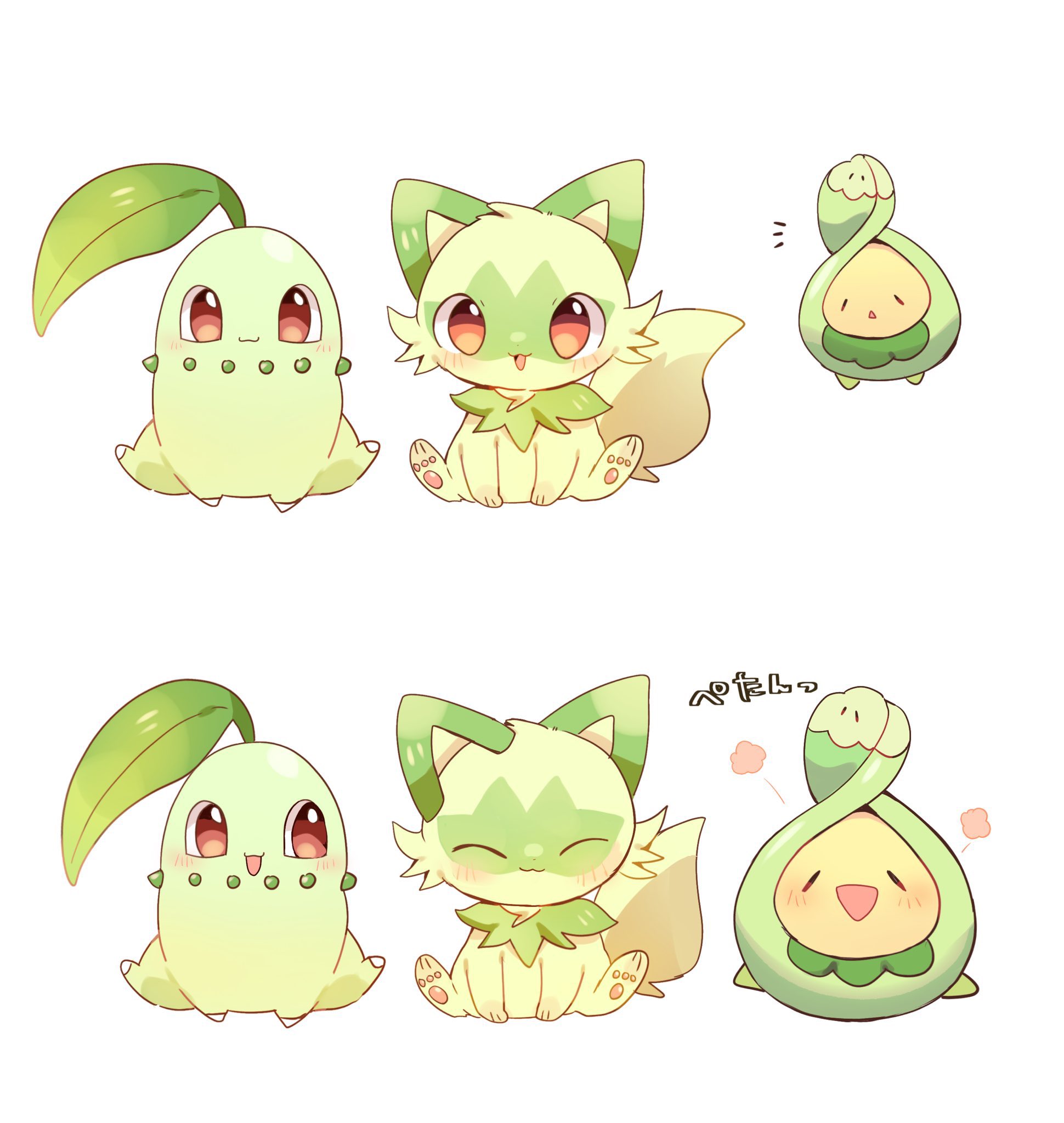 yupo 0322, budew, chikorita, sprigatito, nintendo, pokemon, commentary, highres, animal focus, cat, closed eyes, closed mouth, full body, gen 2 pokemon, gen 4 pokemon, green fur, heart, leaf, no humans, open mouth, pokemon (creature), pokemon focus, red eyes, simple background, sitting, smile, tongue, tongue out, white background