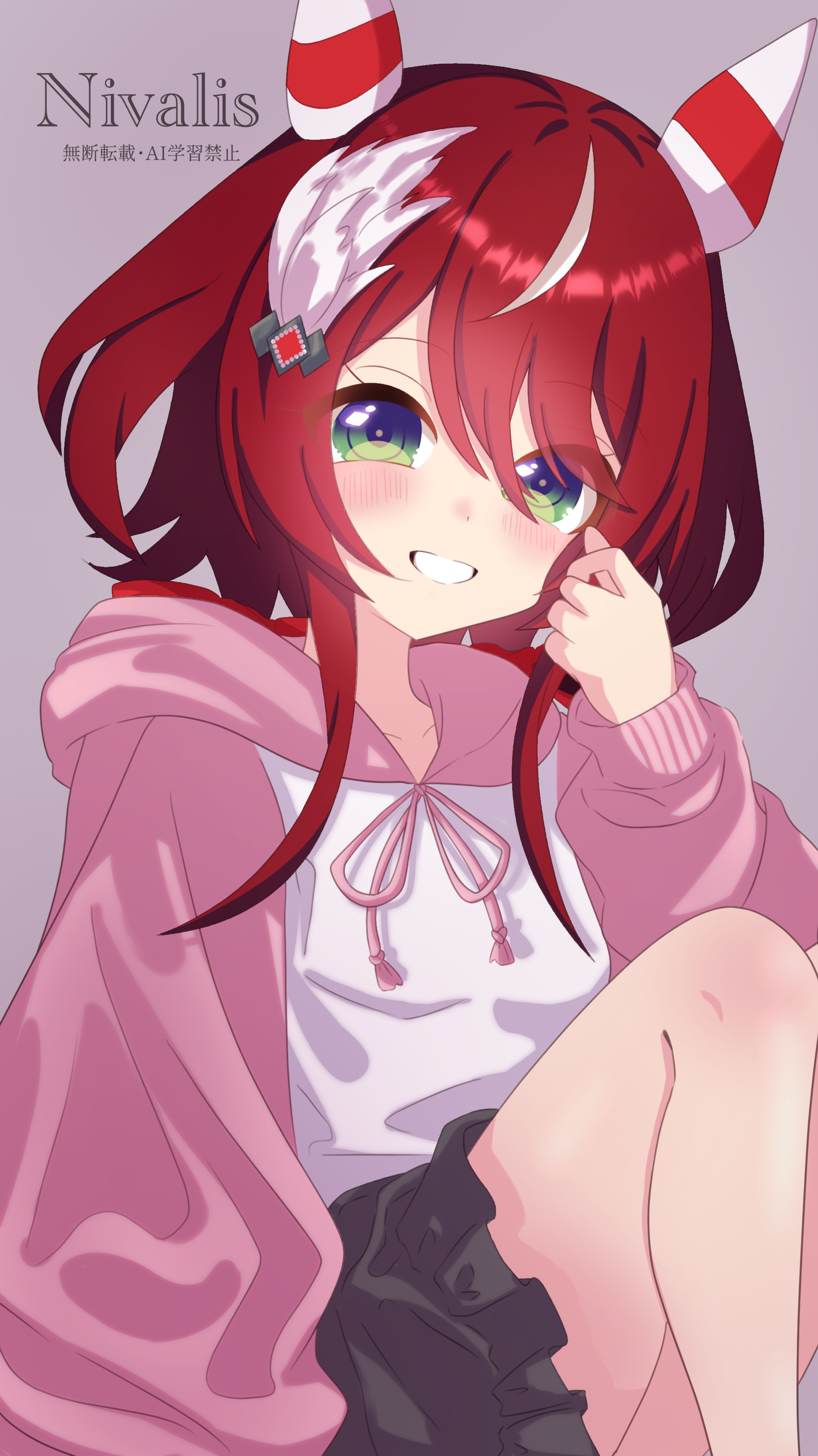 galanthus, win variation (umamusume), umamusume, absurdres, commentary request, highres, 1girl, animal ears, blush, breasts, ear covers, ear ornament, feather hair ornament, feathers, green eyes, hair between eyes, hair ornament, hood, hood down, hoodie, horse ears, horse girl, long hair, looking at viewer, low twintails, open mouth, pink hood, pink sleeves, pleated skirt, red hair, simple background, skirt, small breasts, smile, solo, twintails, white hoodie