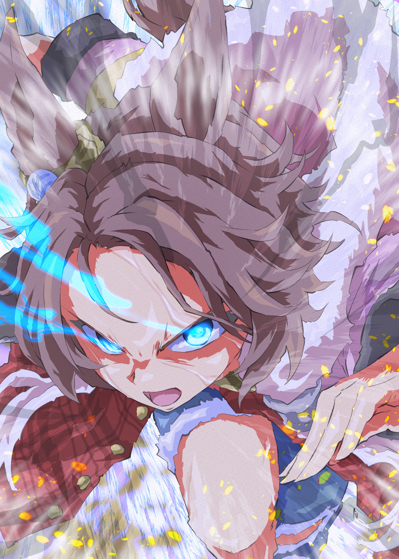 zukki (bijitaru), narita taishin (nevertheless) (umamusume), narita taishin (umamusume), umamusume, commentary request, highres, 1girl, animal ears, asymmetrical clothes, asymmetrical pants, blue eyes, brown hair, clothes around waist, denim, eye trail, fur-trimmed jacket, fur trim, glowing, glowing eyes, hair between eyes, horse ears, horse girl, jacket, jacket around waist, jeans, leaning forward, light trail, long sleeves, looking at viewer, open mouth, pants, pink jacket, running, short hair, single pantsleg, solo, sweat, torn clothes, torn jeans, torn pants