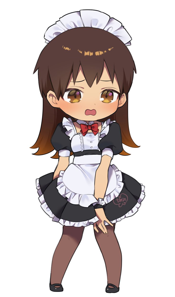 murata tefu, kotesashi kouyou, sawaranaide kotesashi-kun, commentary request, highres, 1boy, alternate costume, alternate hair length, alternate hairstyle, apron, black dress, black shoes, bow, bowtie, brown eyes, brown hair, brown pantyhose, crossdressing, crossdressing (mtf), deformed, detached collar, dress, embarrassed, enmaided, frilled wrist cuffs, frills, full body, long hair, maid, maid apron, maid headdress, male focus, male maid, mary janes, open mouth, pantyhose, red bow, red bowtie, shoes, simple background, solo, standing, white apron, white background, wrist cuffs