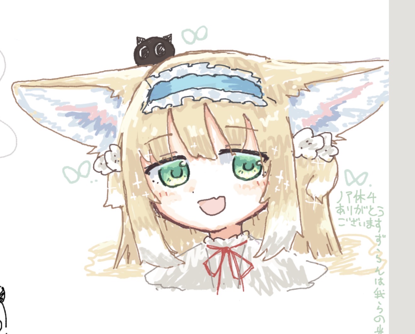 oudonium, heixiu, suzuran (arknights), arknights, luo xiaohei zhanji, commentary request, translation request, 1girl, :d, animal ears, blonde hair, blue hairband, blush, creature on head, fang, fox ears, fox girl, frilled hairband, frills, green eyes, hairband, long hair, neck ribbon, open mouth, paint chat (medium), red ribbon, ribbon, skin fang, smile