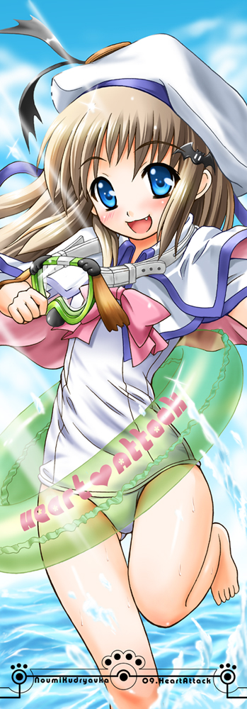 fujishima shinnosuke, noumi kudryavka, little busters!, bad id, bad pixiv id, long image, tall image, 1girl, :d, barefoot, blonde hair, blue eyes, bow, cape, diving mask, fang, feet, female focus, goggles, hat, innertube, long hair, one-piece swimsuit, open mouth, pink bow, school swimsuit, smile, solo, splashing, standing, standing on one leg, stick poster, swim ring, swimsuit, swimsuit under clothes, thigh gap, wading, water, white one-piece swimsuit, white school swimsuit