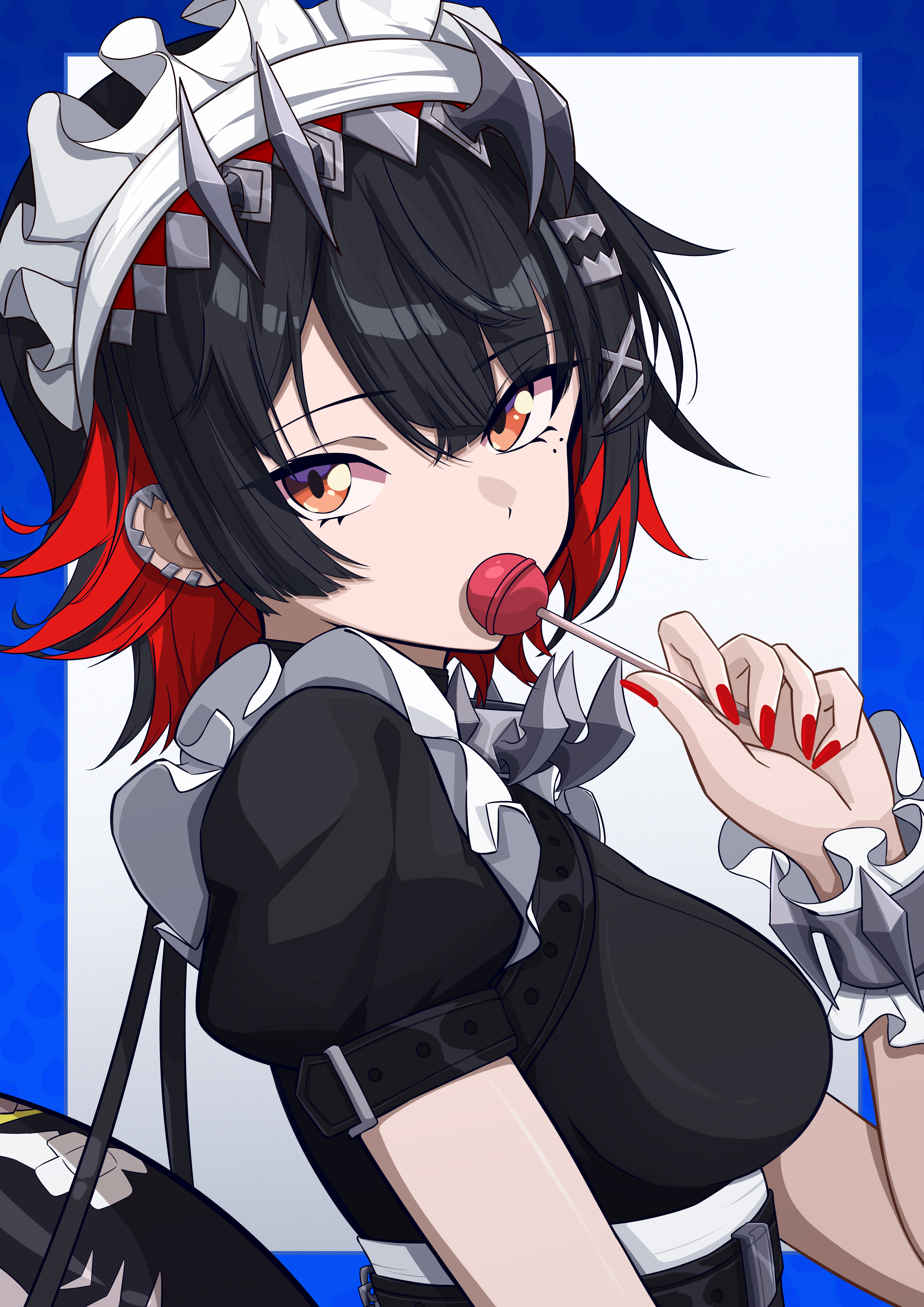 mutsu aya, ellen joe, zenless zone zero, absurdres, commentary request, highres, 1girl, apron, black hair, breasts, candy, colored inner hair, fins, fish tail, food, frilled hairband, frills, from side, hair between eyes, hairband, holding, holding candy, holding food, holding lollipop, large breasts, lollipop, maid, maid apron, maid headdress, multicolored hair, orange eyes, puffy short sleeves, puffy sleeves, red hair, red nails, shark girl, shark tail, short hair, short sleeves, solo, tail, upper body, wrist cuffs