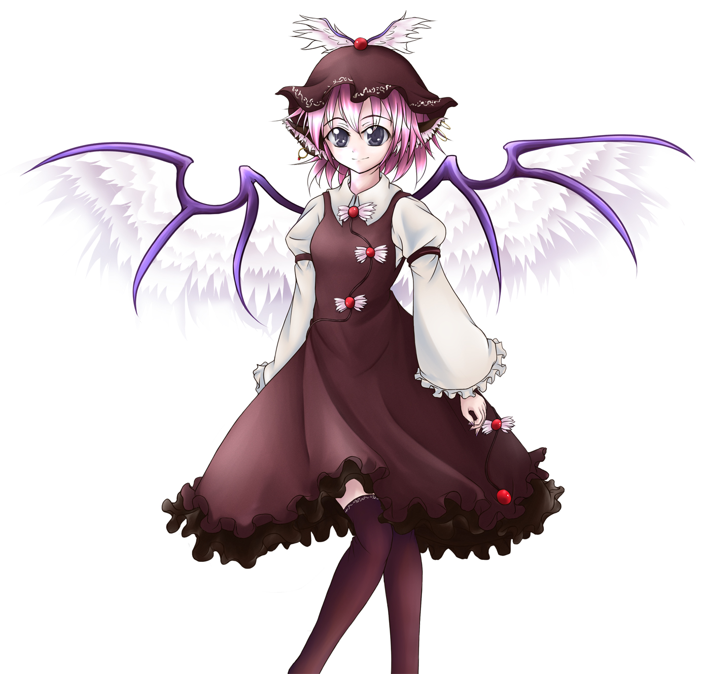 gr (artist), mystia lorelei, touhou, highres, 1girl, animal ears, black thighhighs, earrings, female focus, grey eyes, hat, jewelry, pink hair, short hair, smile, solo, thighhighs, white background, wings