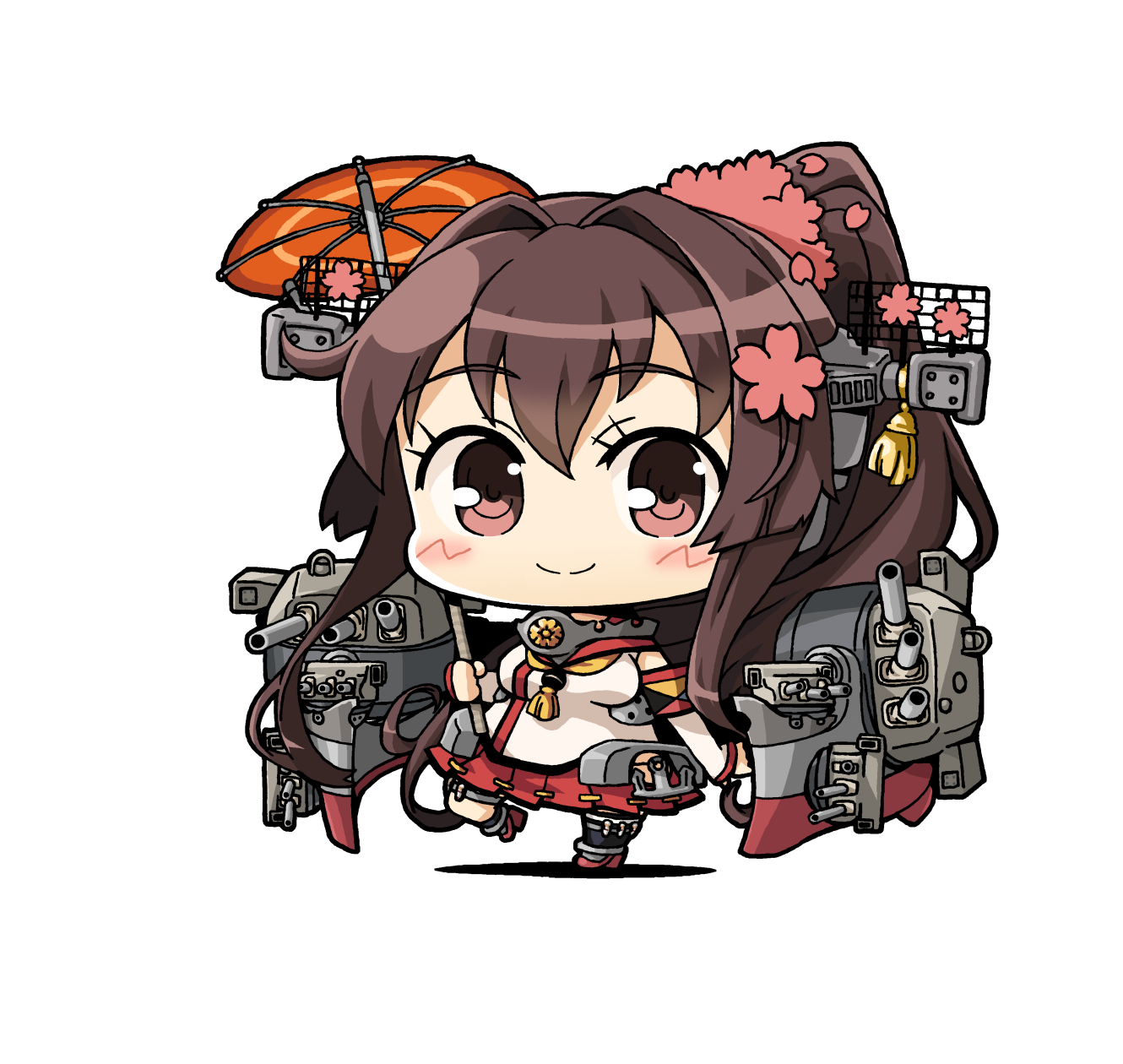 yagumo kengou, yamato (kancolle), kantai collection, highres, 1girl, black thighhighs, breasts, brown eyes, brown hair, cherry blossoms, chibi, chibi only, eyelashes, flower, hair between eyes, hair flower, hair ornament, headgear, holding, holding umbrella, long hair, oil-paper umbrella, petals, pleated skirt, ponytail, red flower, red skirt, rigging, sidelocks, simple background, single thighhigh, skirt, smile, solo, tassel, thighhighs, umbrella, very long hair, white background
