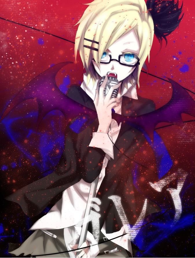 okra boom, kagamine rin, glare (vocaloid), vocaloid, bad id, bad pixiv id, 1girl, bespectacled, blonde hair, blue eyes, female focus, glasses, hair ornament, hair ribbon, hairclip, microphone, microphone stand, ribbon, short hair, skirt, solo, vampire