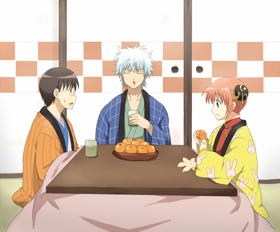maruki (punchiki), kagura (gintama), sakata gintoki, shimura shinpachi, gintama, bad id, 00s, 1girl, 2boys, closed eyes, food, fruit, glasses, kotatsu, mandarin orange, multiple boys, table