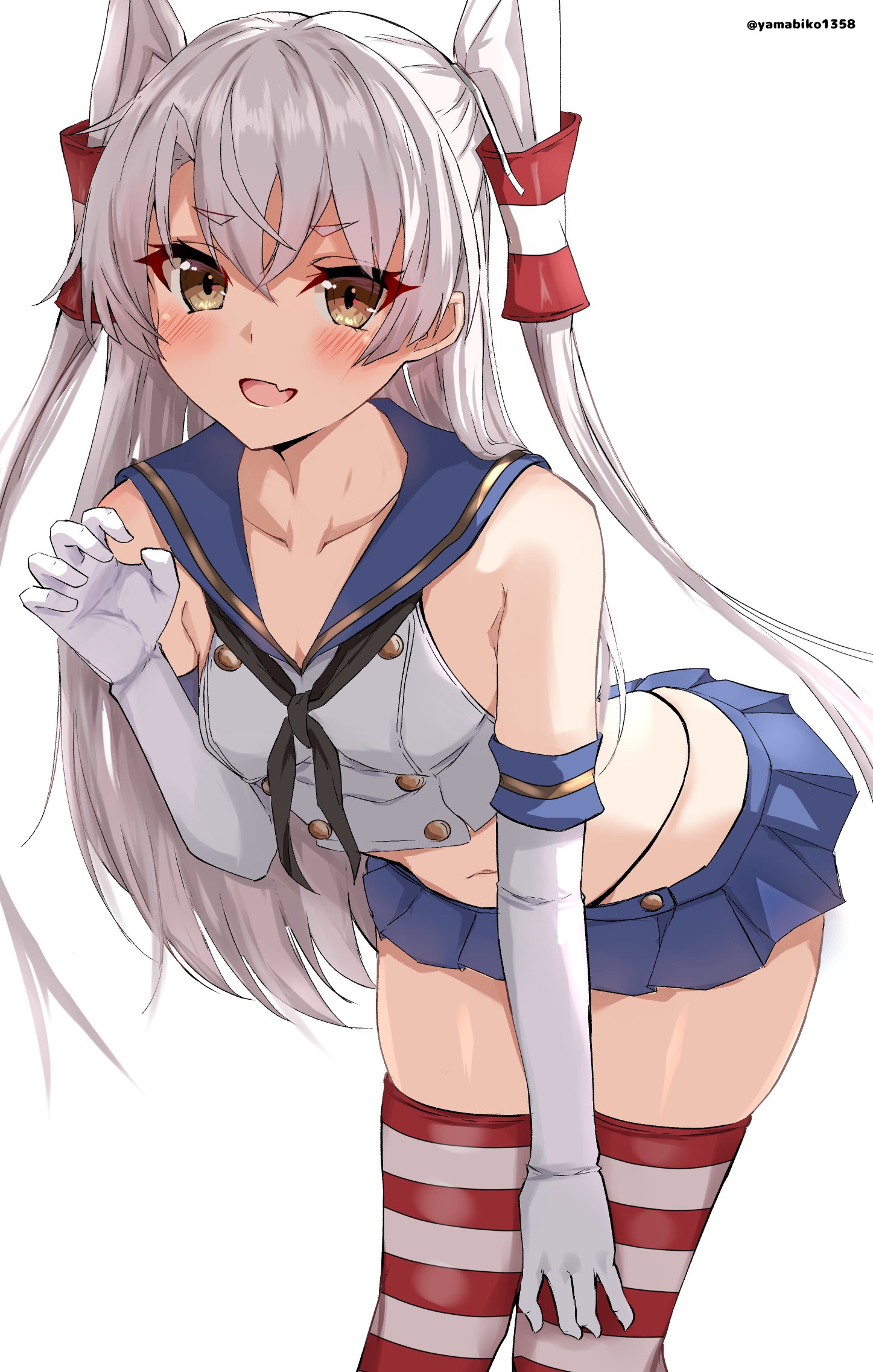 mizuki (uzuki no sato), amatsukaze (kancolle), shimakaze (kancolle), kantai collection, commentary request, highres, 1girl, black neckerchief, black panties, blue skirt, blush, breasts, cosplay, cowboy shot, crop top, elbow gloves, fang, gloves, hairband, highleg, highleg panties, long hair, navel, neckerchief, panties, sailor collar, shimakaze (kancolle) (cosplay), skin fang, skirt, solo, striped clothes, striped thighhighs, thighhighs, twitter username, underwear, white gloves