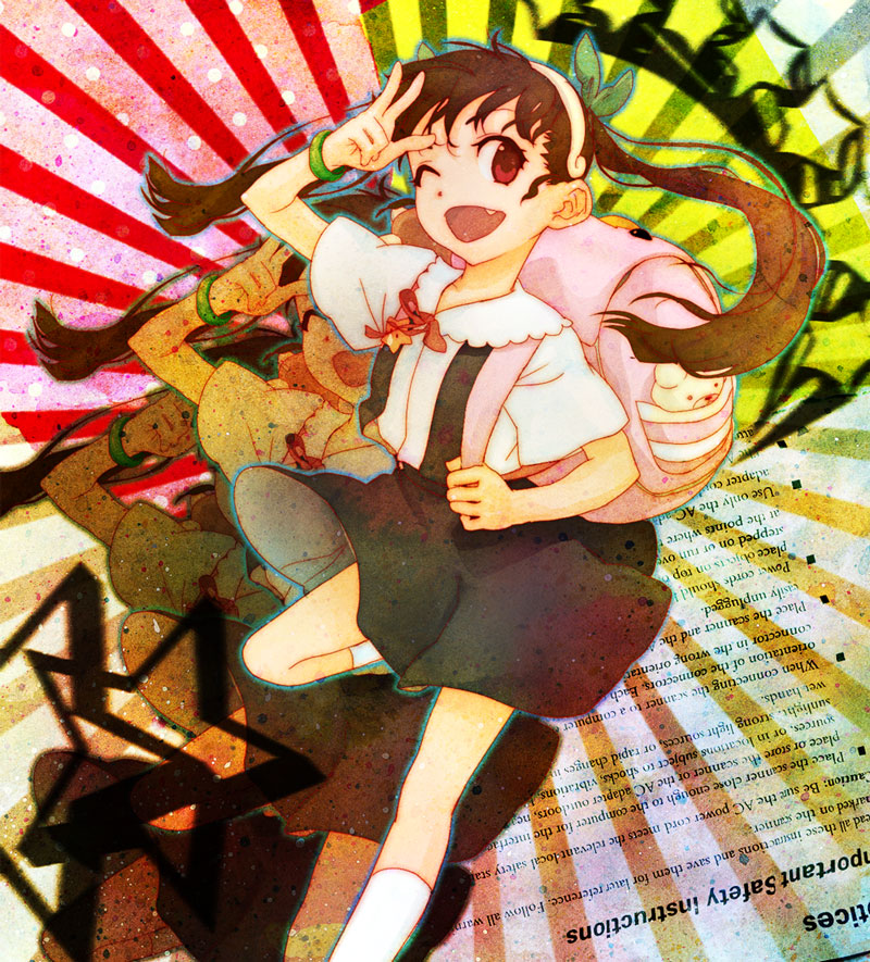 720 (pixiv75383), 830 (hamio), hachikuji mayoi, bakemonogatari, monogatari (series), bad id, bad pixiv id, 00s, 1girl, backpack, bag, bracelet, brown hair, child, fang, female focus, jewelry, kneehighs, long hair, one eye closed, randoseru, red eyes, ribbon, skirt, socks, solo, twintails, white socks, wink