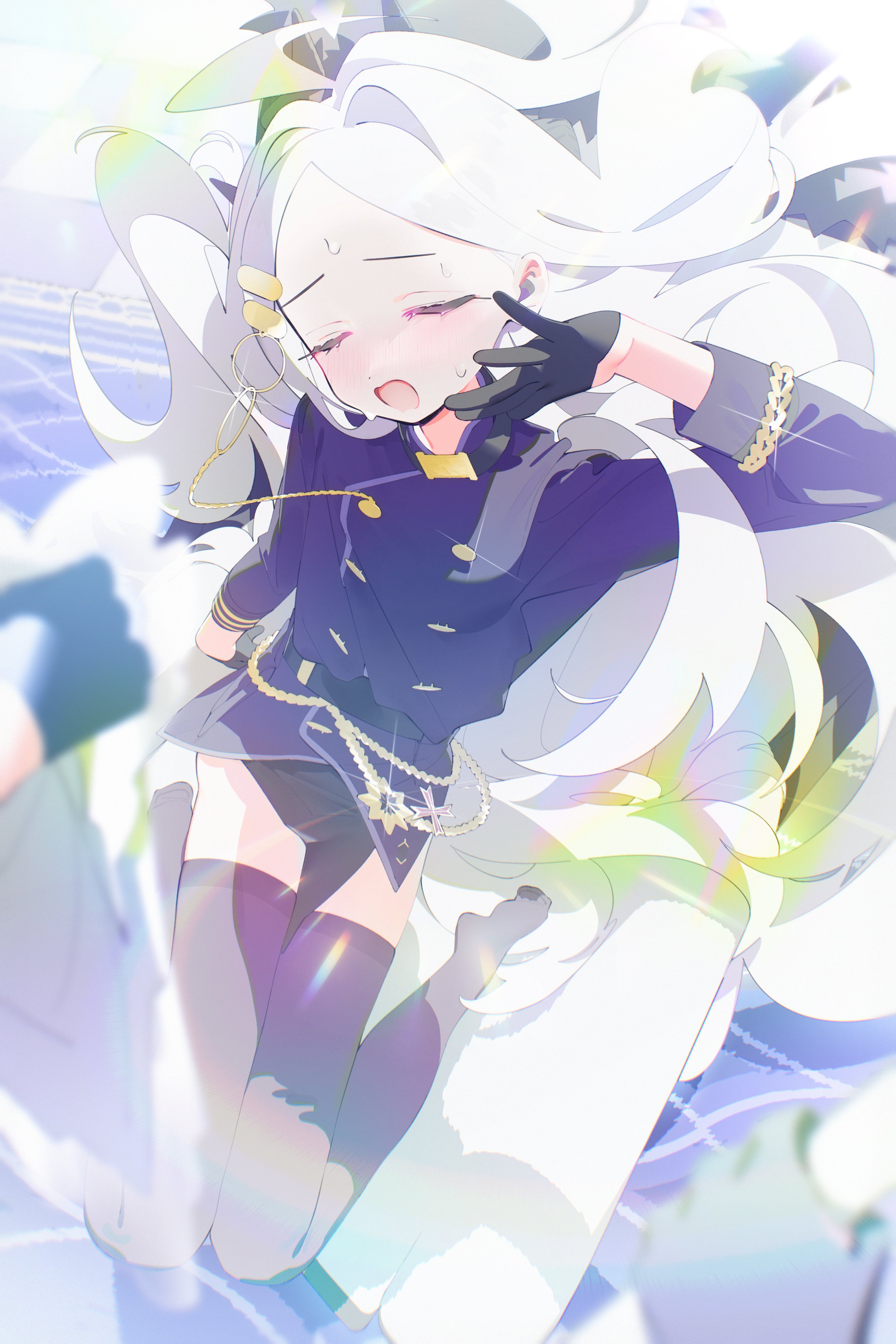 bm tol, hina (blue archive), blue archive, absurdres, commentary request, highres, 1girl, ahoge, black gloves, black halo, black skirt, black thighhighs, blush, breasts, demon girl, demon horns, demon wings, gloves, halo, horns, long hair, low wings, open mouth, skirt, small breasts, solo, thighhighs, thighs, very long hair, white hair, wings