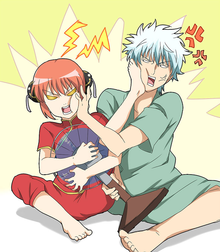 maruki (punchiki), kagura (gintama), sakata gintoki, gintama, silver hair, bad id, 00s, 1boy, 1girl, angry, bun cover, capri pants, double bun, hand fan, orange hair, pants