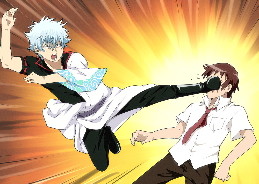 maruki (punchiki), kyon, sakata gintoki, sugita tomokazu, gintama, suzumiya haruhi no yuuutsu, bad id, 00s, 2boys, crossover, dynamic entry, flying kick, kicking, male focus, multiple boys, voice actor connection