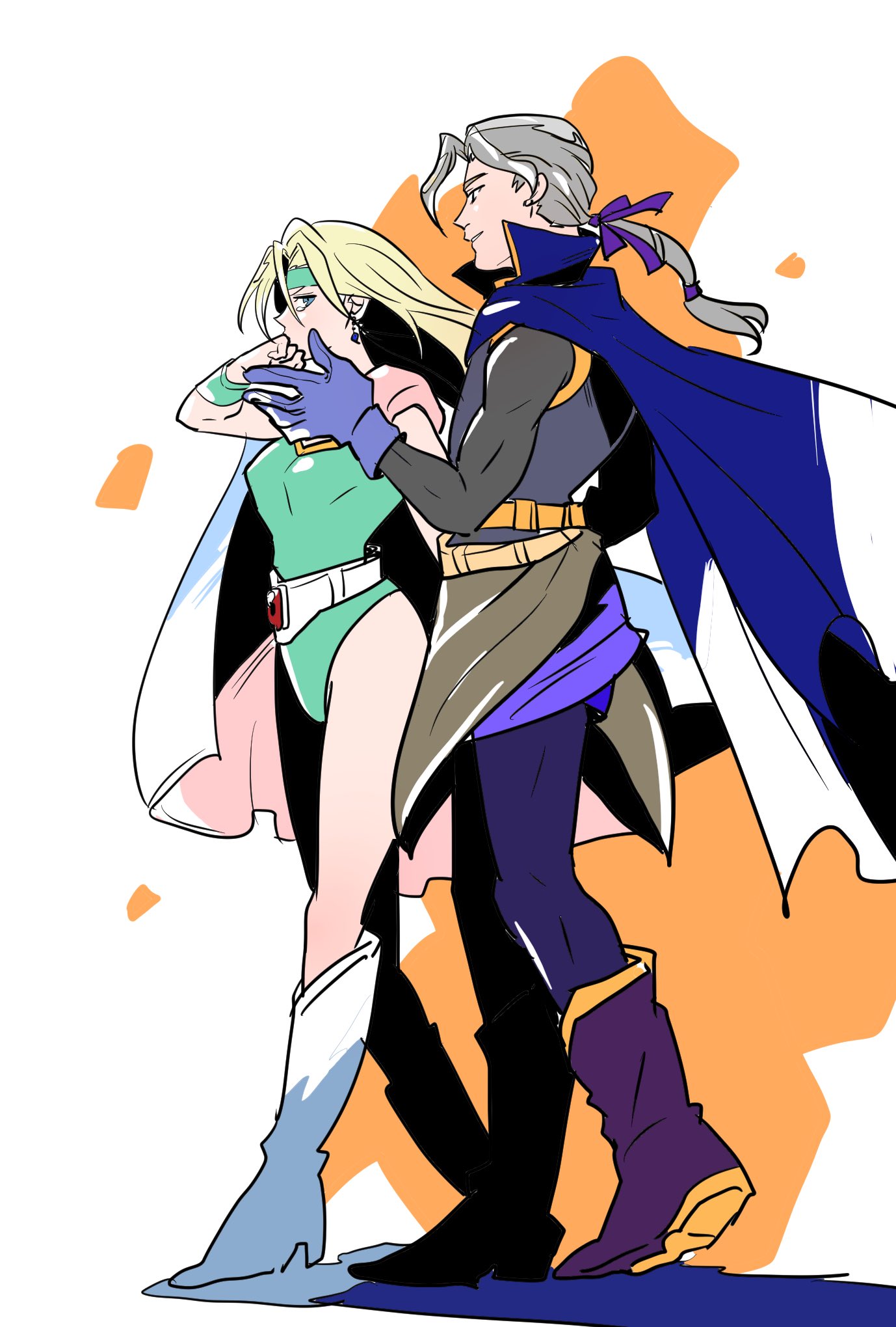motsutei, celes chere, edgar roni figaro, final fantasy, final fantasy vi, highres, 1boy, 1girl, blonde hair, blue eyes, blue gloves, cape, earrings, full body, gloves, green headband, green leotard, headband, jewelry, leotard, long hair, ponytail, smile