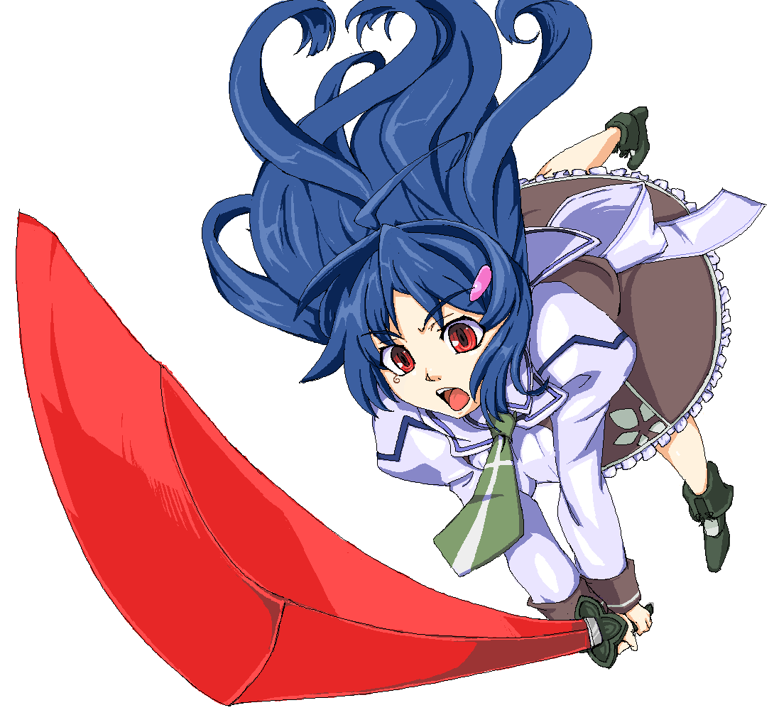 attp, mitonoya saki, vanguard princess, bad id, bad pixiv id, 1girl, blue hair, breasts, dress, female focus, long hair, necktie, oekaki, open mouth, solo, sword, weapon