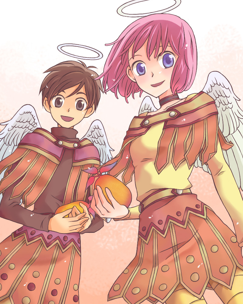 shibaichi, hero (dq9), heroine (dq9), dragon quest, dragon quest ix, level-5, bad id, bad pixiv id, angel, angel wings, blush, food, fruit, halo, pink hair, pteruges, purple eyes, short hair, skirt, smile, wings