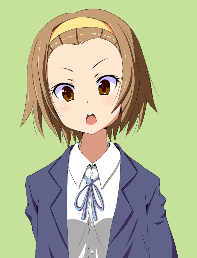 take (office-t), tainaka ritsu, k-on!, bad id, bad pixiv id, 00s, 1girl, brown eyes, brown hair, female focus, forehead, hairband, school uniform, short hair, simple background, solo