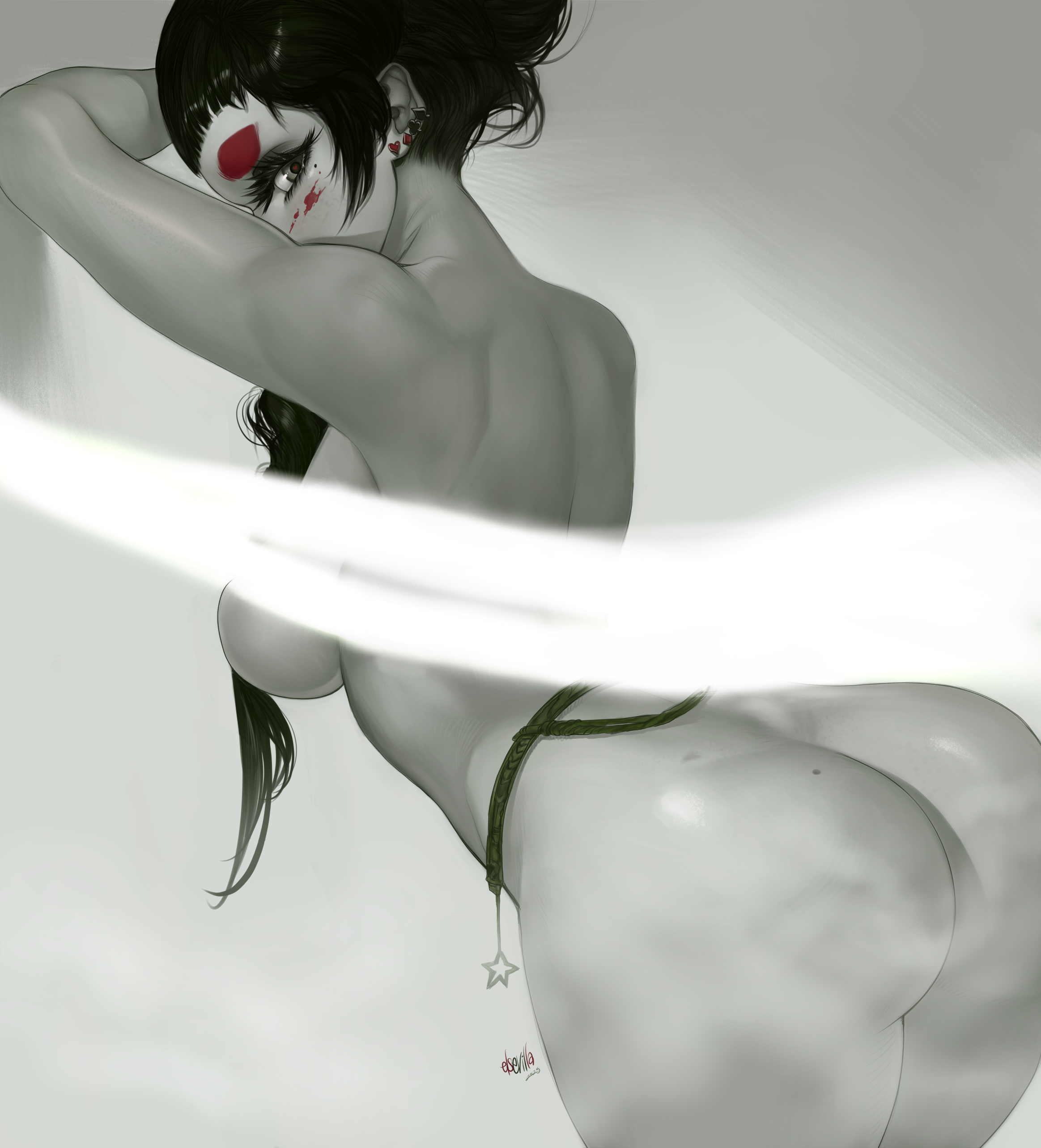 elsevilla, original, absurdres, commentary, english commentary, highres, 1girl, artist name, ass, black hair, breasts, club (shape), dated, diamond (shape), earrings, from behind, grey background, heart, jewelry, large breasts, long hair, looking at viewer, looking back, nude, simple background, solo, spade (shape), spot color