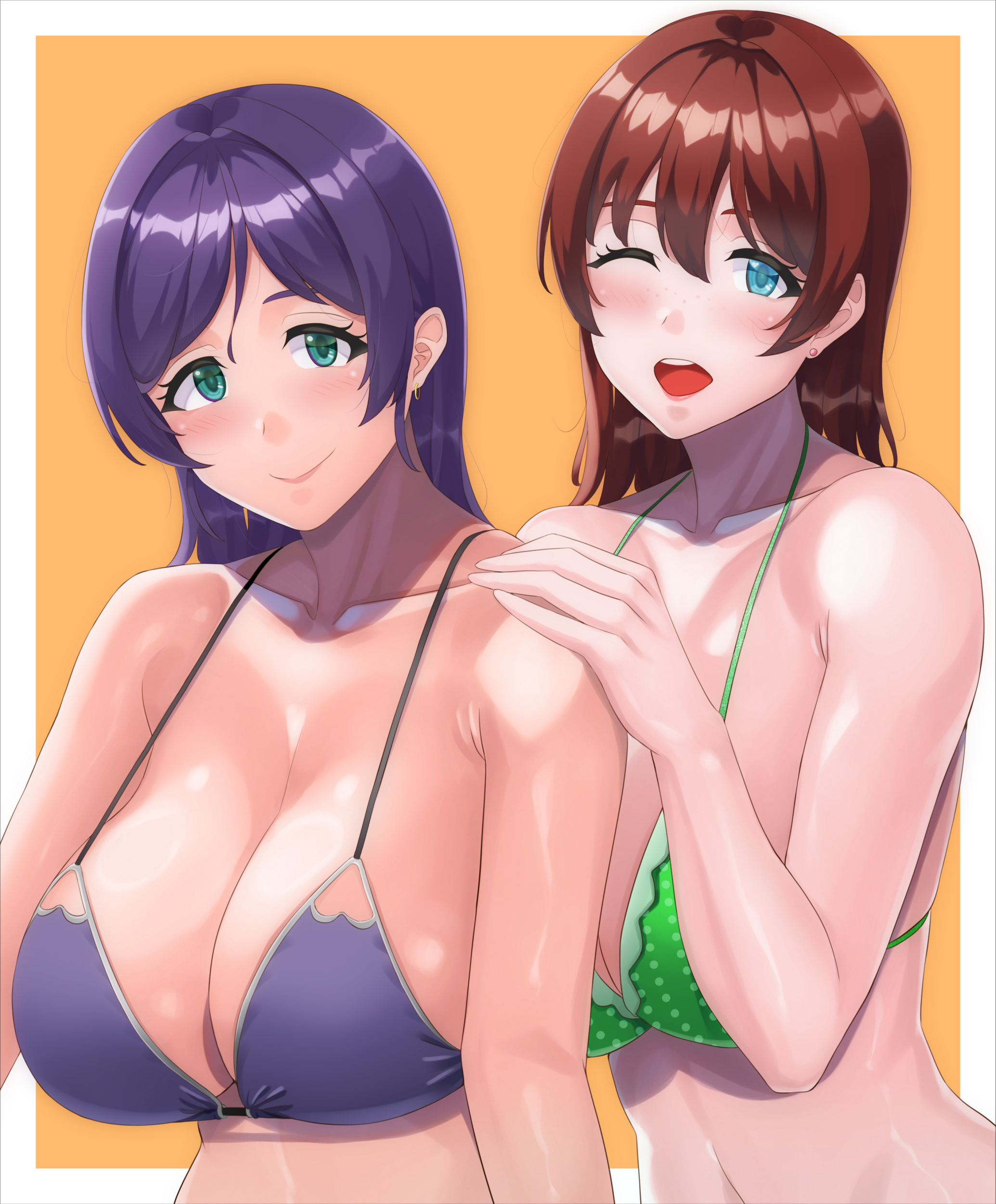 mizuno kakeru, emma verde, tojo nozomi, love live!, love live! nijigasaki high school idol club, absurdres, commentary request, highres, 2girls, aqua eyes, bare arms, bikini, blush, border, breasts, brown hair, cleavage, collarbone, earrings, freckles, green bikini, jewelry, large breasts, multiple girls, navel, open mouth, orange background, purple bikini, purple hair, side-tie bikini bottom, smile, solo, string bikini, stud earrings, swimsuit, white border