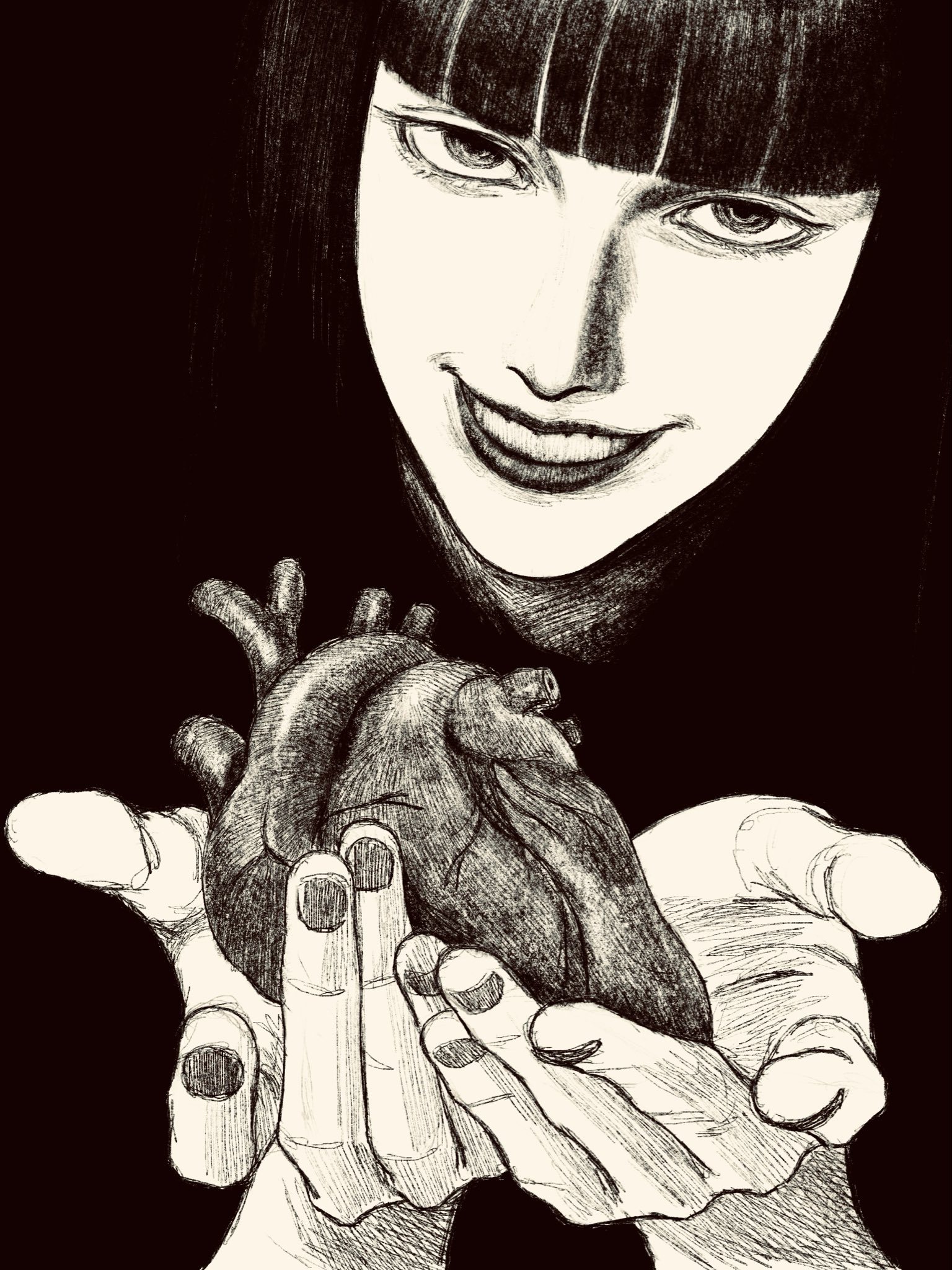tp p pt, original, highres, 1girl, black background, black nails, blunt bangs, greyscale, heart (organ), incoming object, long hair, looking at viewer, monochrome, offering hand, solo