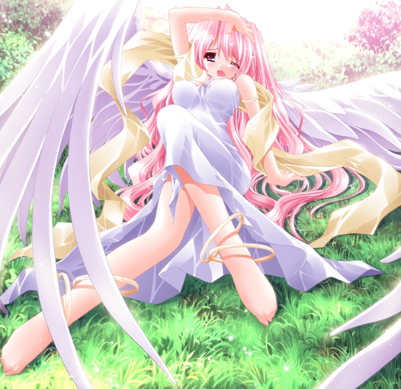 oono tetsuya, please teach my angel, 1girl, angel wings, anklet, bad anatomy, bad feet, barefoot, breasts, feet, female focus, grass, jewelry, large breasts, legs, long hair, ninja toes, outdoors, pink hair, poorly drawn, purple eyes, sitting, solo, very long hair, wince, wings