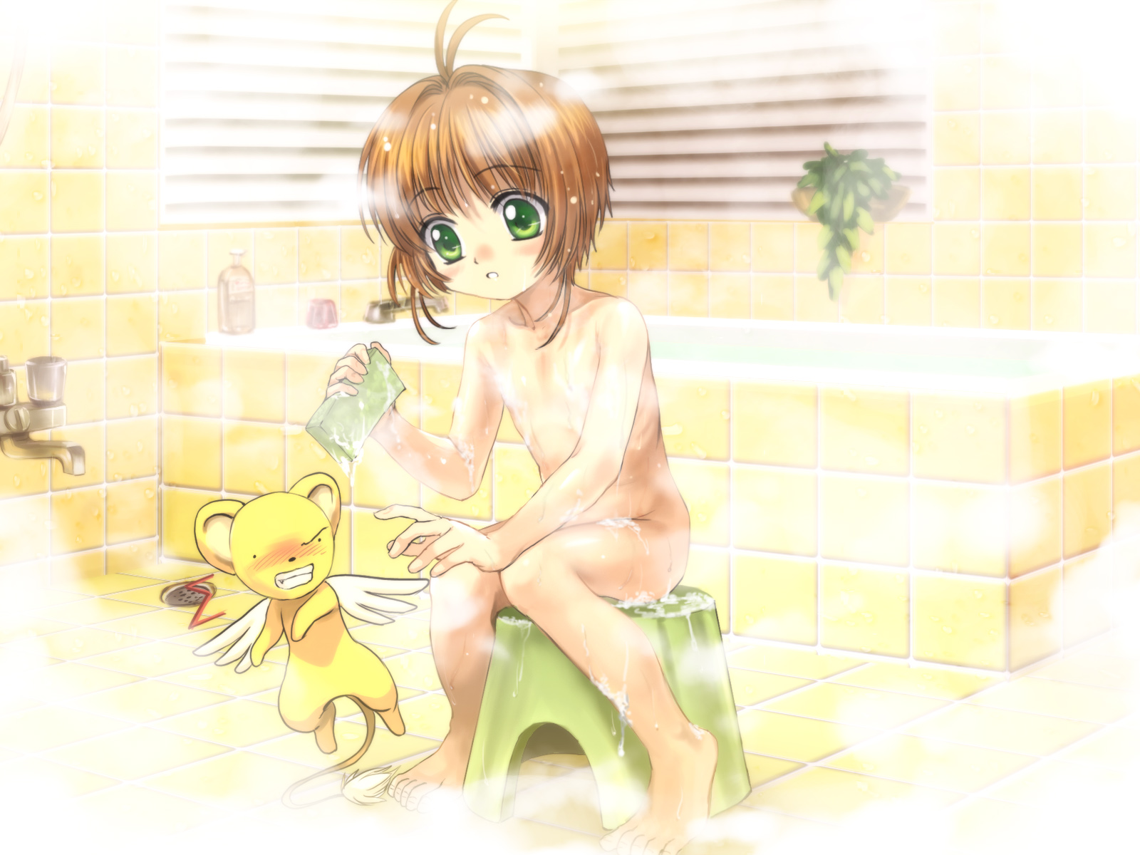 mutsuki (moonknives), kero (cardcaptor sakura), kinomoto sakura, cardcaptor sakura, kodansha, highres, 1990s (style), 1girl, ^^^, angry, antenna hair, barefoot, bath, bath stool, bathroom, bathtub, brown hair, completely nude, feet, female focus, flat chest, green eyes, loli, nude, retro artstyle, short hair, sitting, soap, soap bubbles, solo, sponge, steam, stool, toes