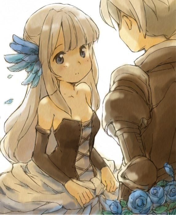 shirotaka, shirotaka (shirotaka), gwendolyn (odin sphere), oswald, odin sphere, 1boy, 1girl, armor, bare shoulders, blue flower, blue rose, dress, flower, long hair, rose, strapless, strapless dress, white hair