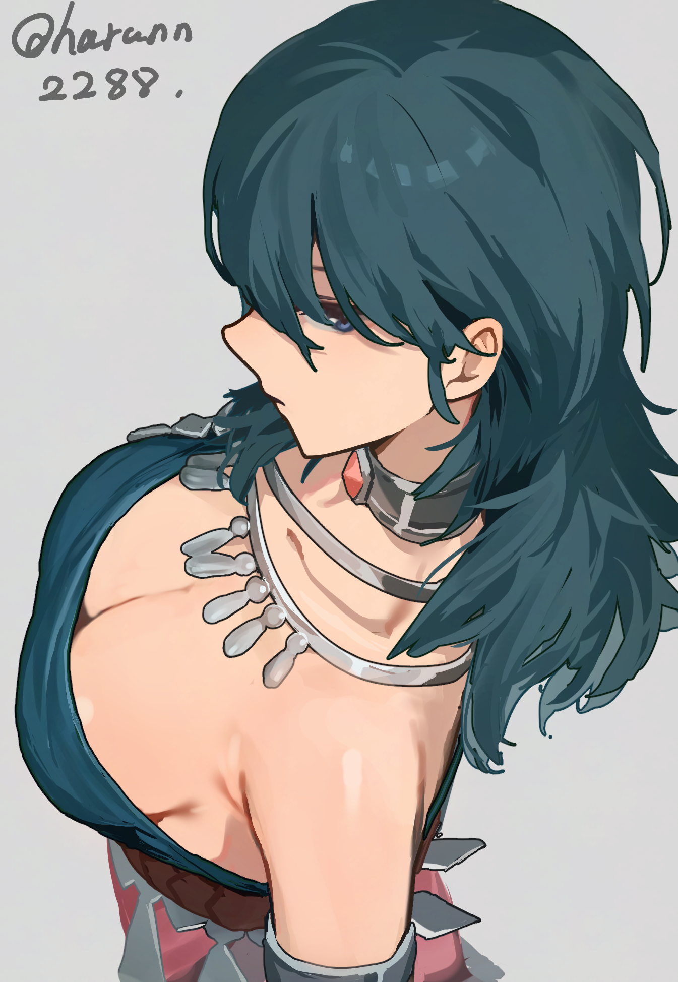 haru (nakajou-28), female byleth (fire emblem), fire emblem, fire emblem: three houses, nintendo, highres, 1girl, alternate costume, ancient greek clothes, armlet, blue eyes, blue hair, breasts, choker jewel, cleavage, collarbone, dancer, dancer (fire emblem: three houses), dress, from above, gem, greco-roman clothes, hair between eyes, jewelry, large breasts, long hair, medium hair, red gemstone, simple background, single-shoulder dress, single bare shoulder, single strap, solo